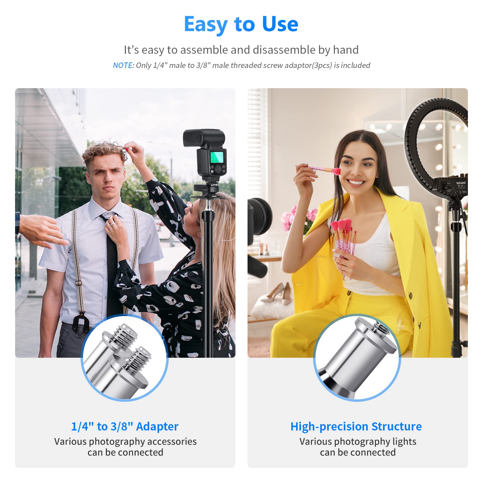 Neewer 2 Pieces Standard 1/4 To 3/8 Inch Metal Male Convertor Threaded Screw Adapter Spigot Stud For Studio Light Stand, Hotshoe