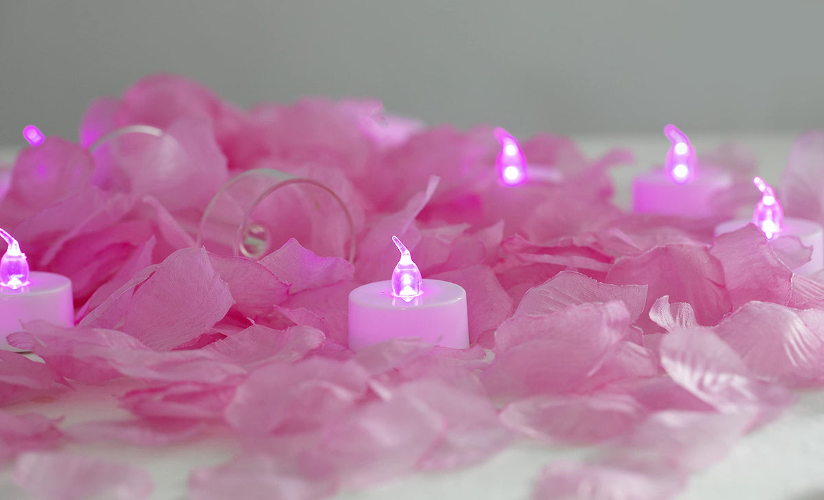 Lanker 500 Pcs Pink Artificial Rose Petals With 24 Pcs Steady Pink Flameless Tea Lights Candles For Valentine'S Day And Romantic