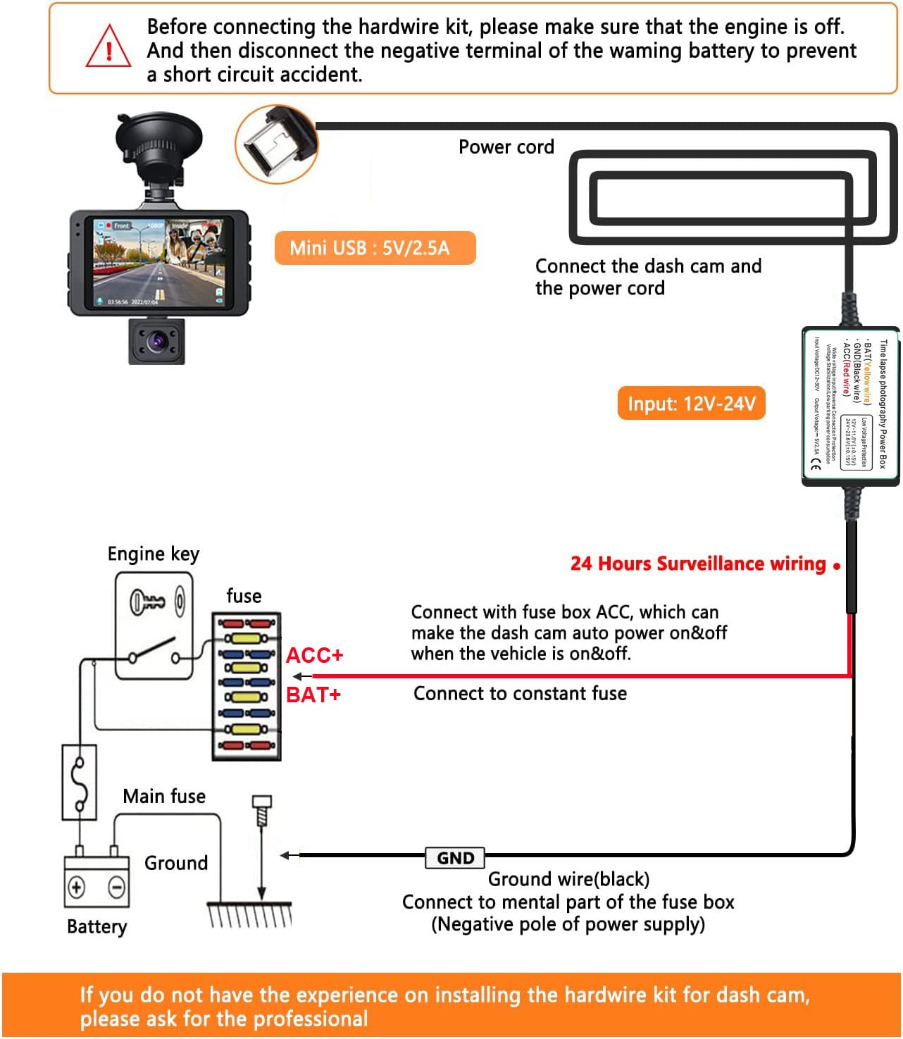 Gebildet Dash Cam Hardwire Kit, Mini Usb Port, Dc 12V   24V To 5V/2.5A Max Car Charger Cable Kit With Fuse, Low Voltage Protecti