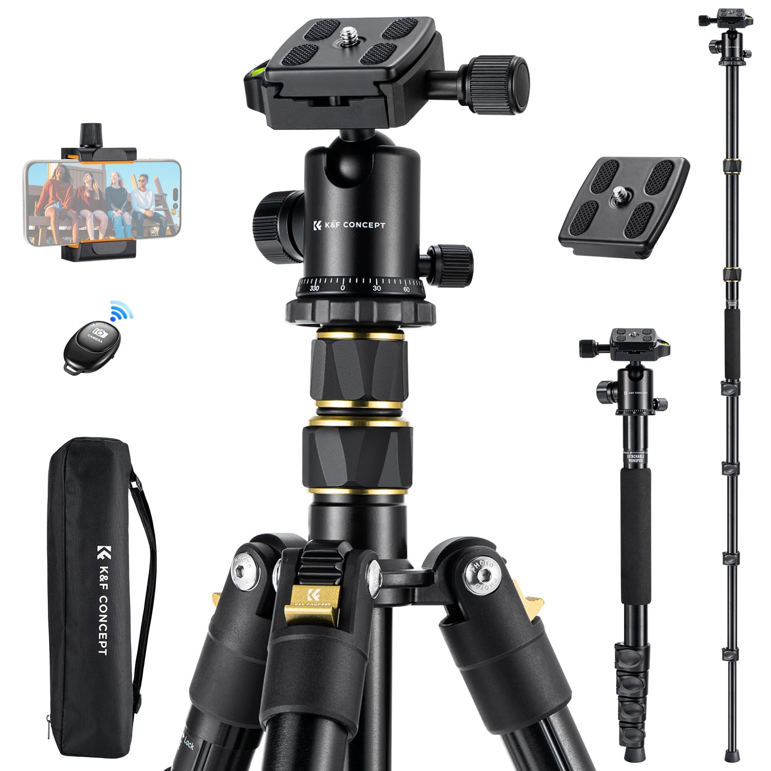 K&F Concept Camera Tripod,72' Aluminum Tripod For Camera, Lightweight And Foldable Travel Tripod With Remote& Extra Quick Release Plate, Professional Camera Tripod Monopod For Dslr Camera And Phone.