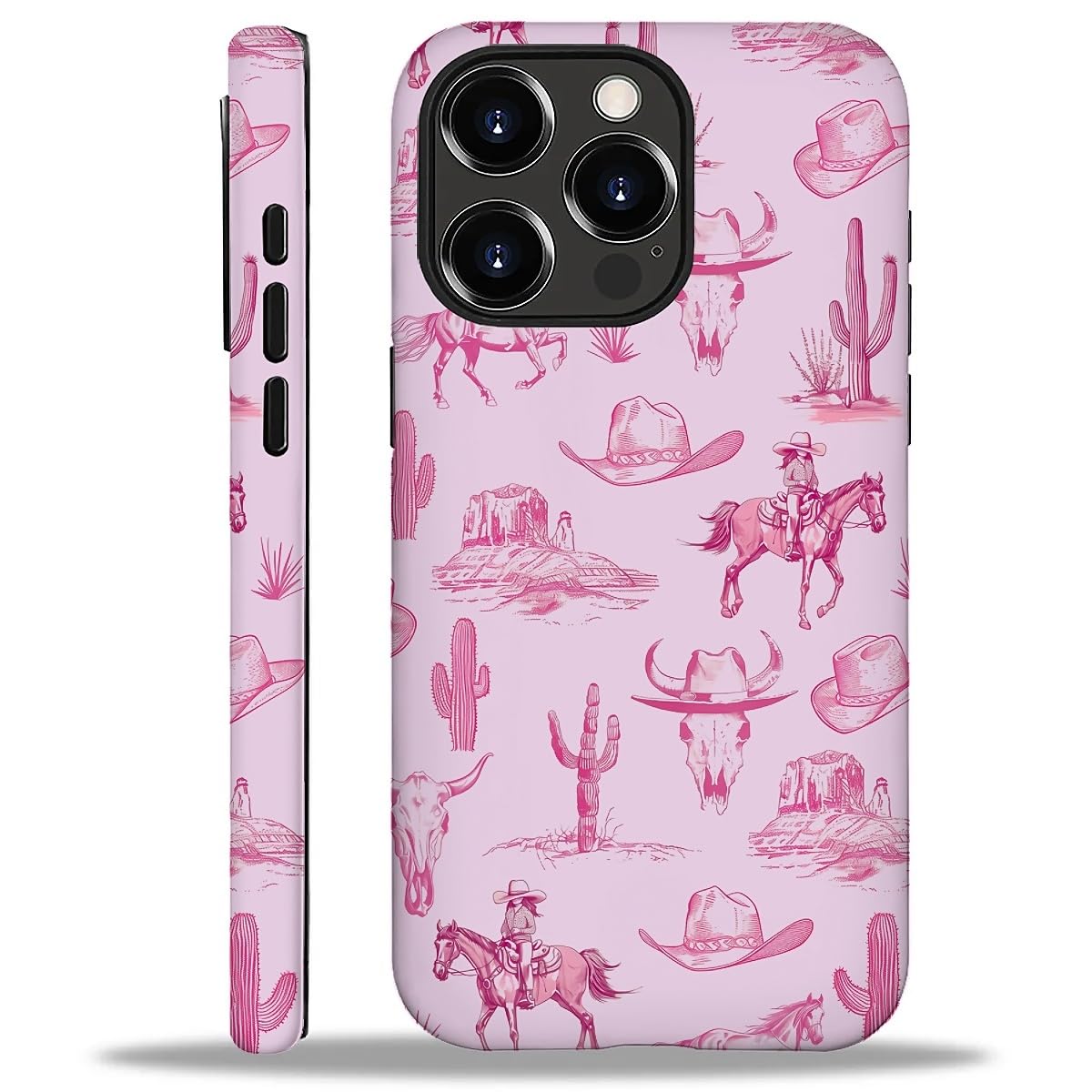 Smamz For Iphone 16 Pro Case, T2 Pink Desert Cowboy Horse Shockproof Rugged Cover Dual Layer Soft Tpu Hard Pc Bumper Case Design