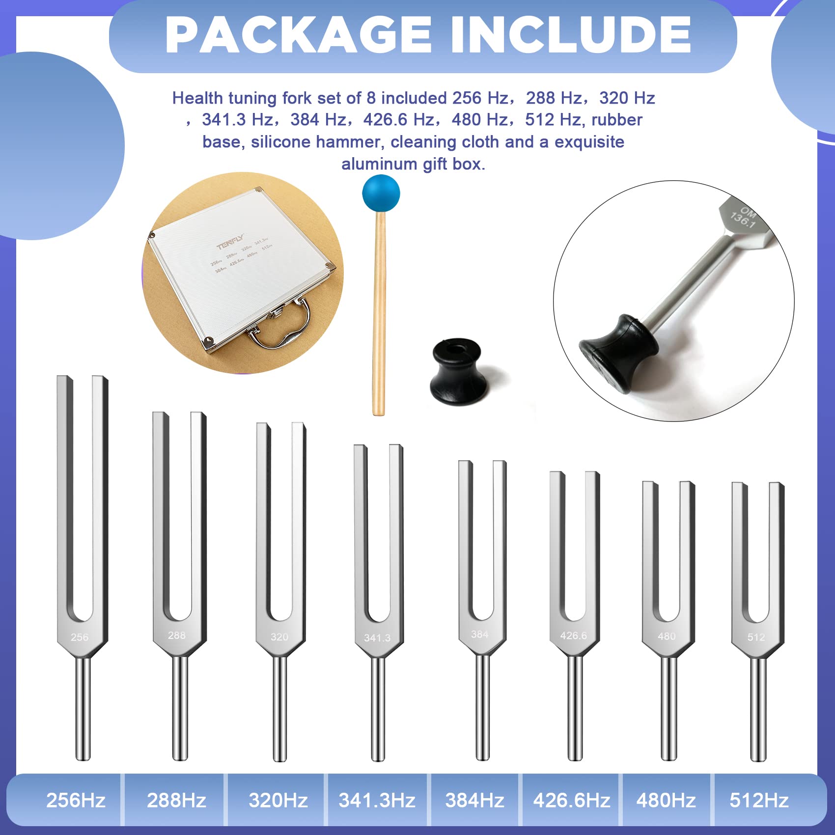 Tenfly Tuning Fork Set Of 8 (256 Hz,288 Hz,320 Hz,341.3 Hz,384 Hz,426.6 Hz,480 Hz,512 Hz), Tuning Forks Perfect For Healing, Cha