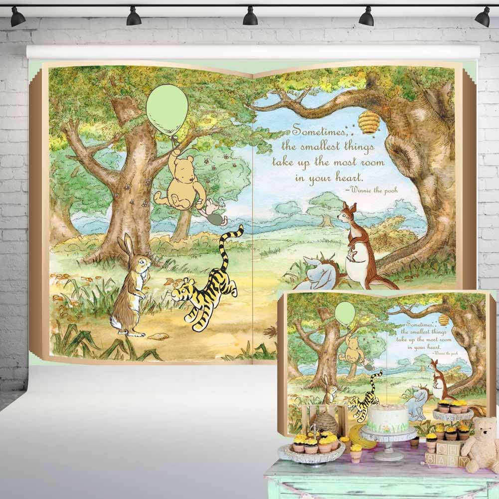 Claasic Pooh Giant Book Backdrop Gender Neutral Baby Shower Decorations Vintage Winnie Bear Green Balloon In Hundred Acre Wood B