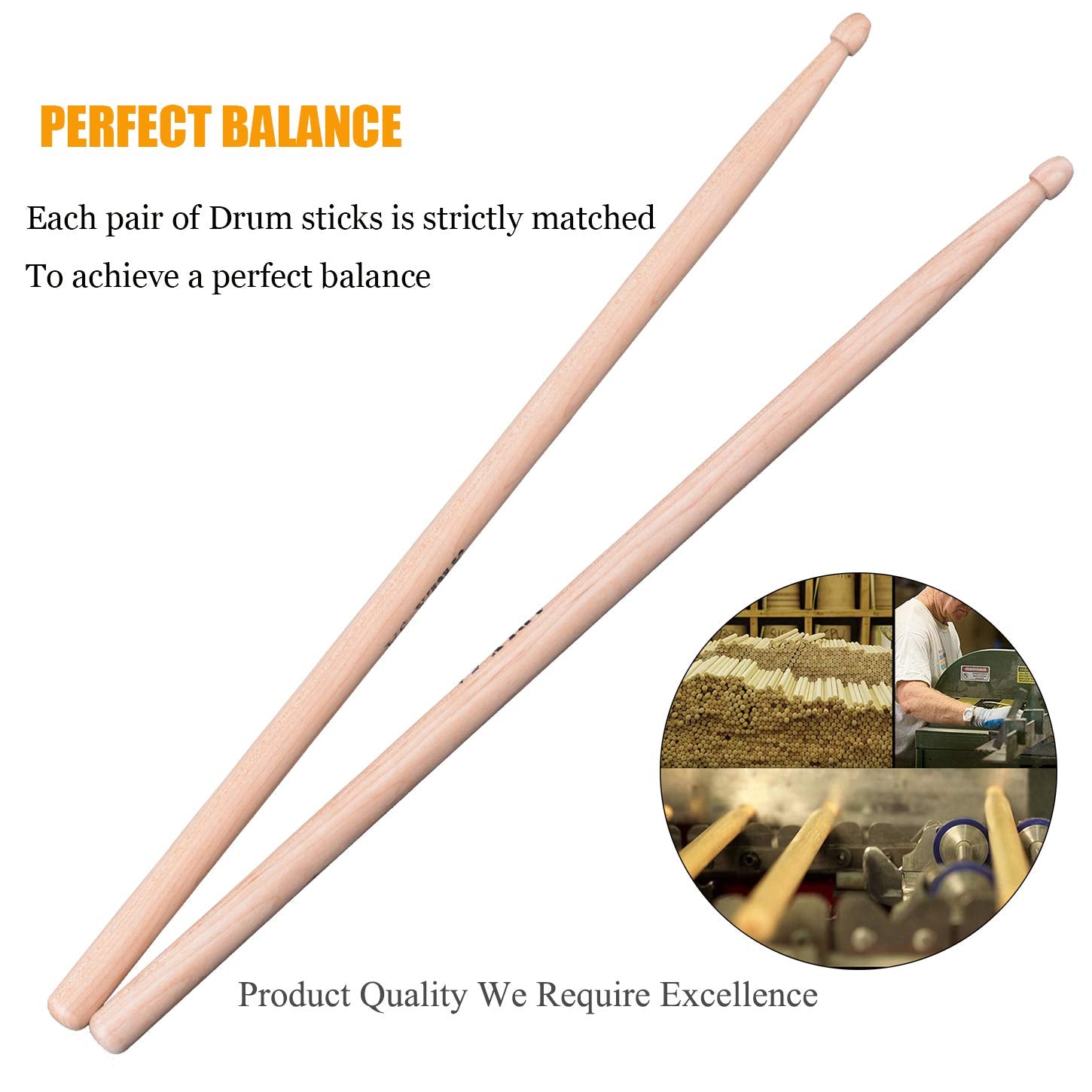 Wogod 5A Drum Sticks Classic Drumsticks Wood Tip Drumstick 3 Pair