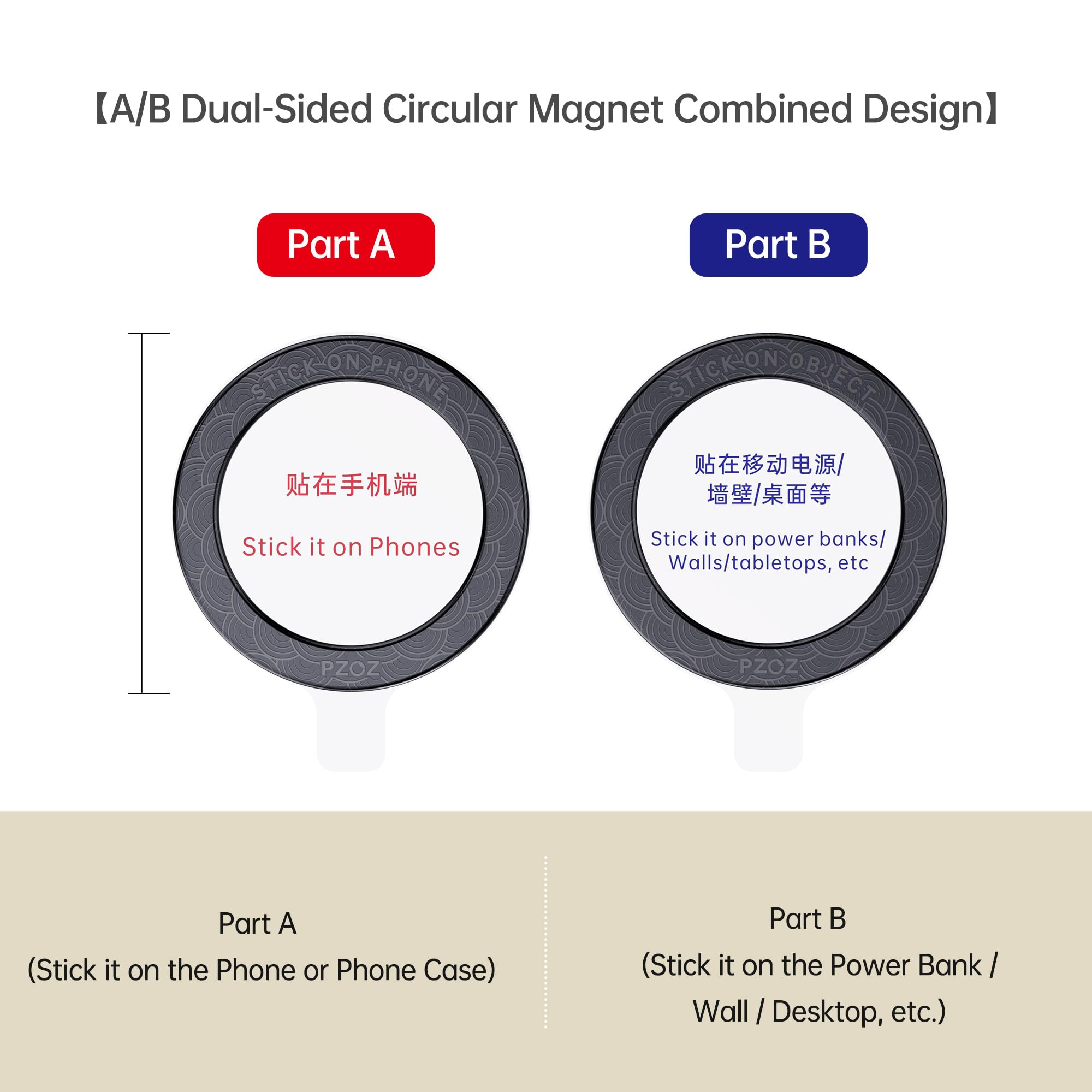 Pzoz A/B Dual-Sided (1 Set) Magnetic Ring Sticker For Magsafe Iphone 16 Holder Phone Case Suction Cup Wireless Charger Car Mount