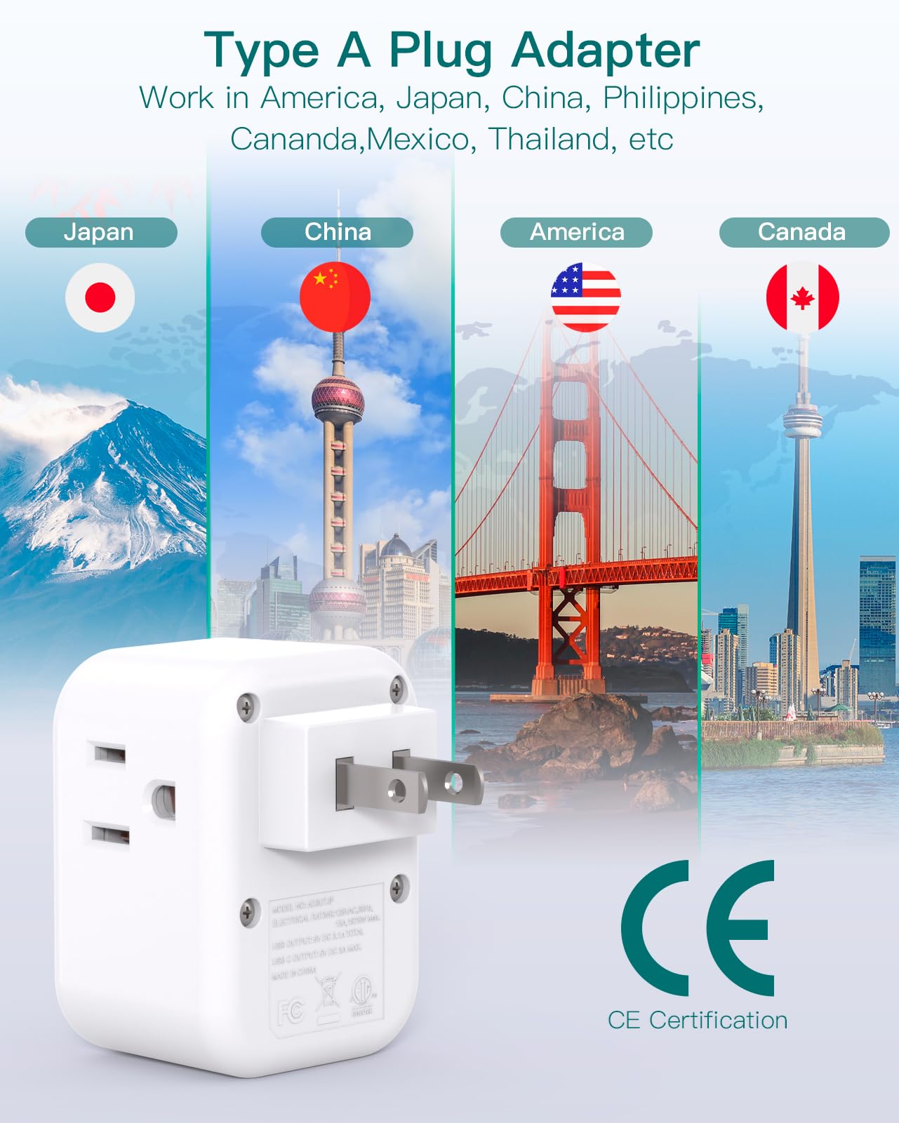 Addtam Us To Japan Plug Adapter, 2 Prong To 3 Prong Outlet Adapter With 3 Ac Outlets 3 Usb Ports(1 Usb C), Travel Power Plug Ada