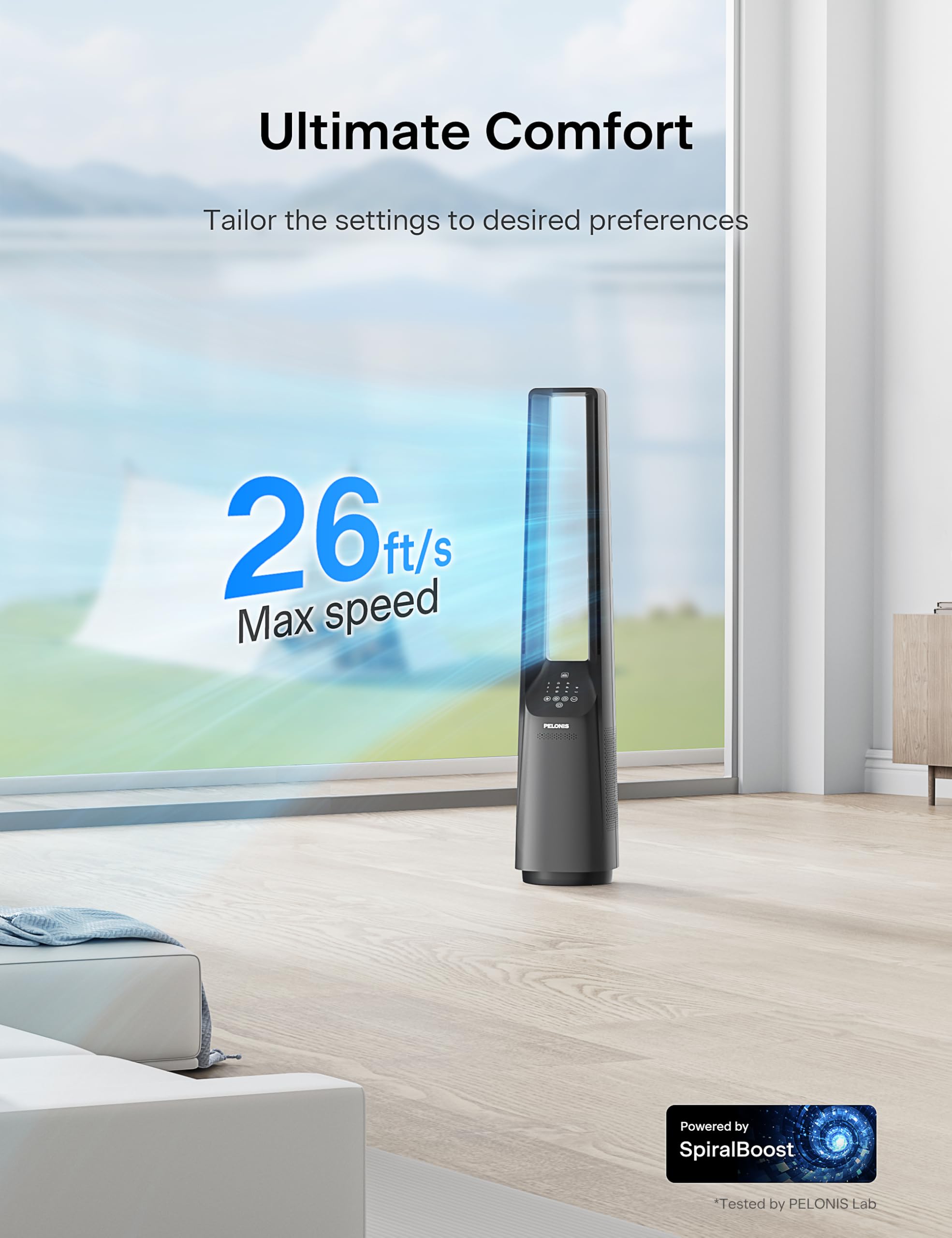 Pelonis 40'' Smart Bladeless Tower Fan   Alexa/Google Compatible, 20Db Ultra Quiet, 6 Speeds, 4 Modes, Remote, 7H Timer, 90? Osc