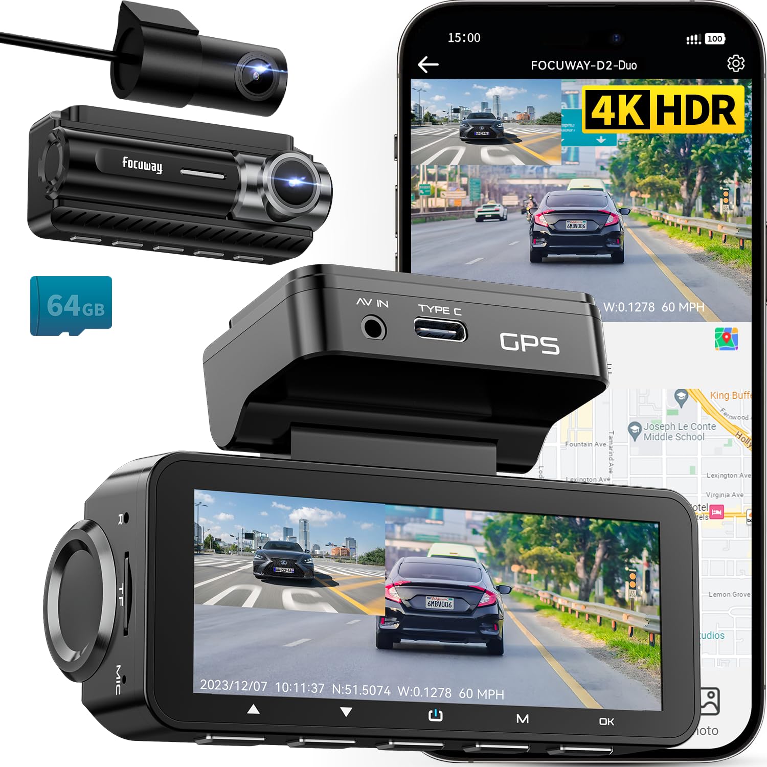 Dash Cam Front Rear 4K Built In Gps 5Ghz Wifi, 3.39'' Ips Screen, Voice Control, Dual Dash Camera For Cars Free 64Gb Sd Card, Su