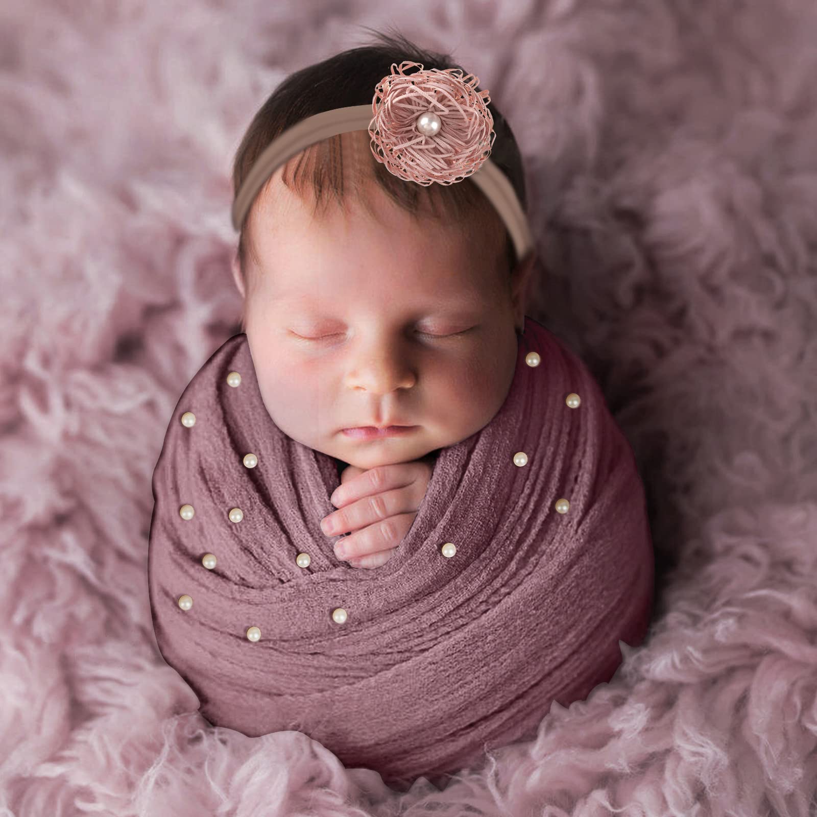 Aoke 5 Pcs Newborn Photography Wrap Props Kit, Newborn Photo Props Long Ripple Wraps Diy Blanket With Flower Headbands, Purple T