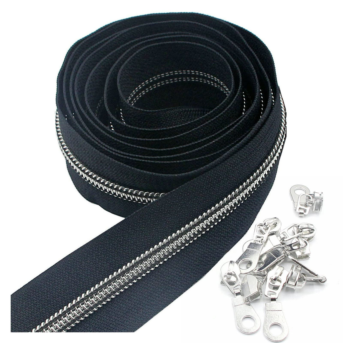 Leekayer 5 Silver Metallic Nylon Coil Zippers By The Yard Bulk 10 Yards Zipper Tape With 25Pcs Silver Sliders For Diy Sewing Tai
