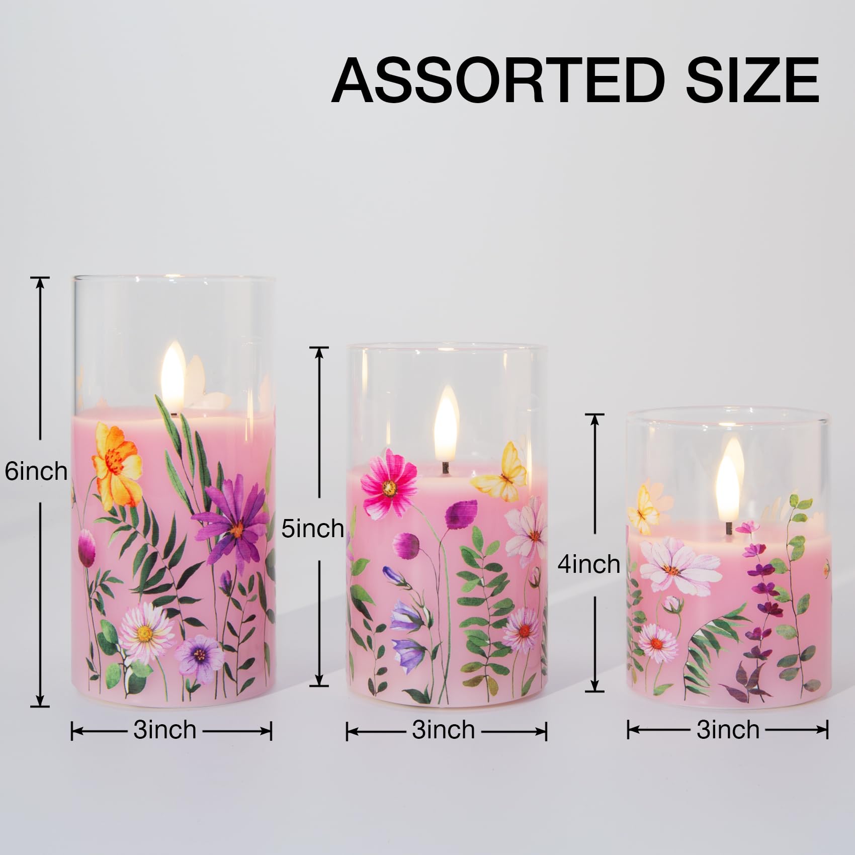 Eywamage Pink Floral Flameless Candles In Glass Jars, Flickering Battery Led Pillar Candles With Remote Set Of 3