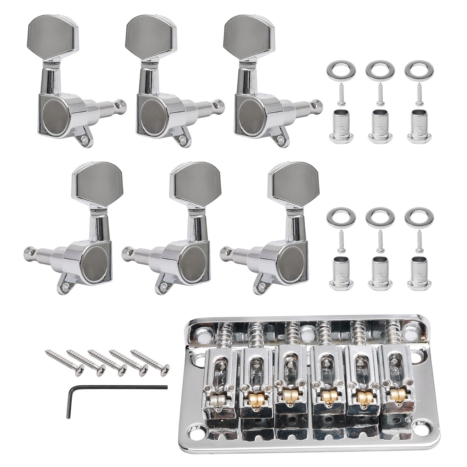 Unxuey Electric Guitar Bridge With 3R+3L String Tuning Key Pegs For 6 String Strat/Tele Style Electric Guitar, Silver, Length 78