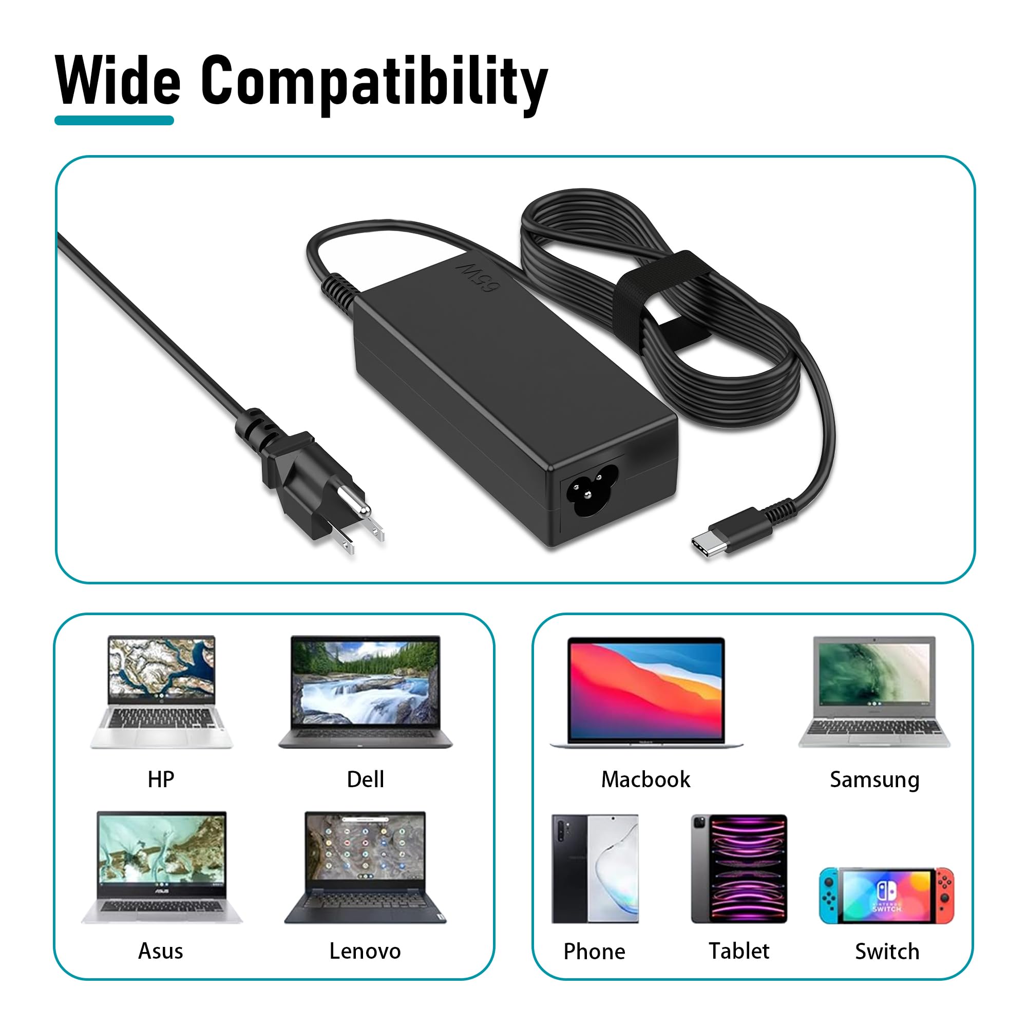 YBRUZRUB Universal 65W USB C Laptop Charger for Lenovo, Dell, HP, Acer, Asus, Samsung - Model SM65CL-01