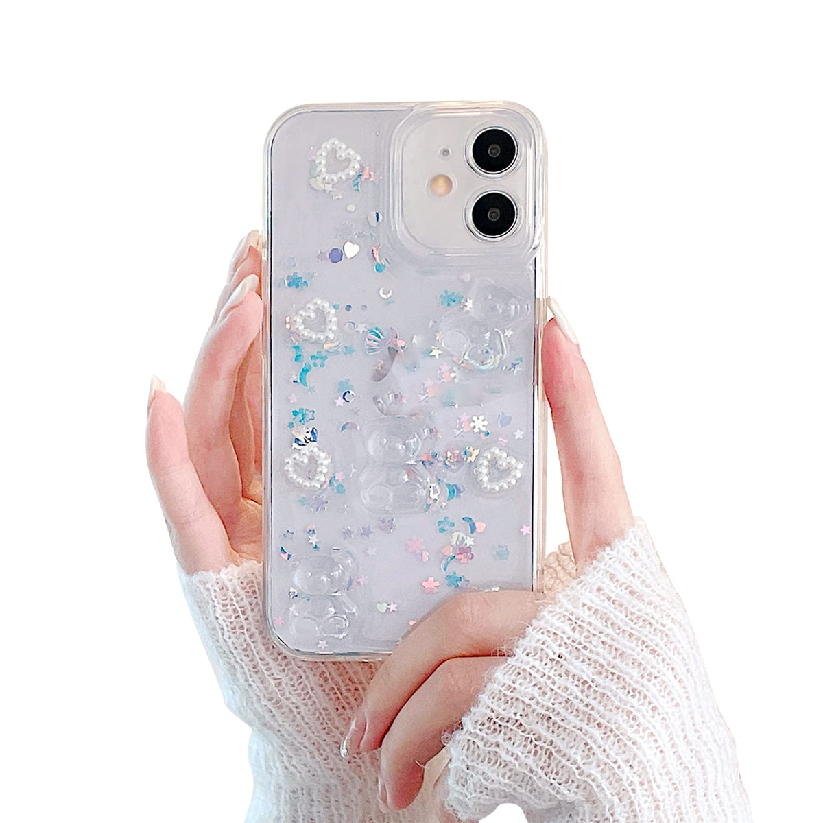 Fycyko Compatible With Iphone 11 Case,Cute 3D Bear Glitter Bling Clear Pearl Love Heart Design For Iphone 11 Case Women Girl Sho