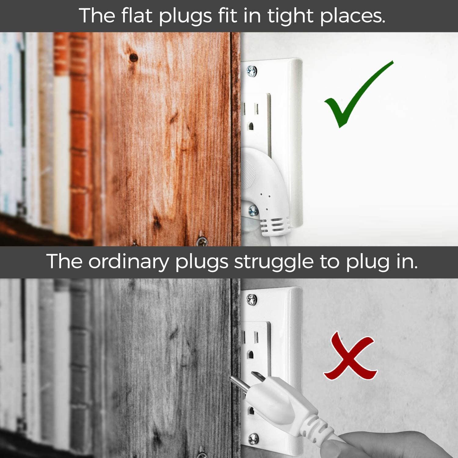 Firmerst 1875W Flat Plug Extension Cord 3 Feet 14 Awg 15A White, 1 Pack