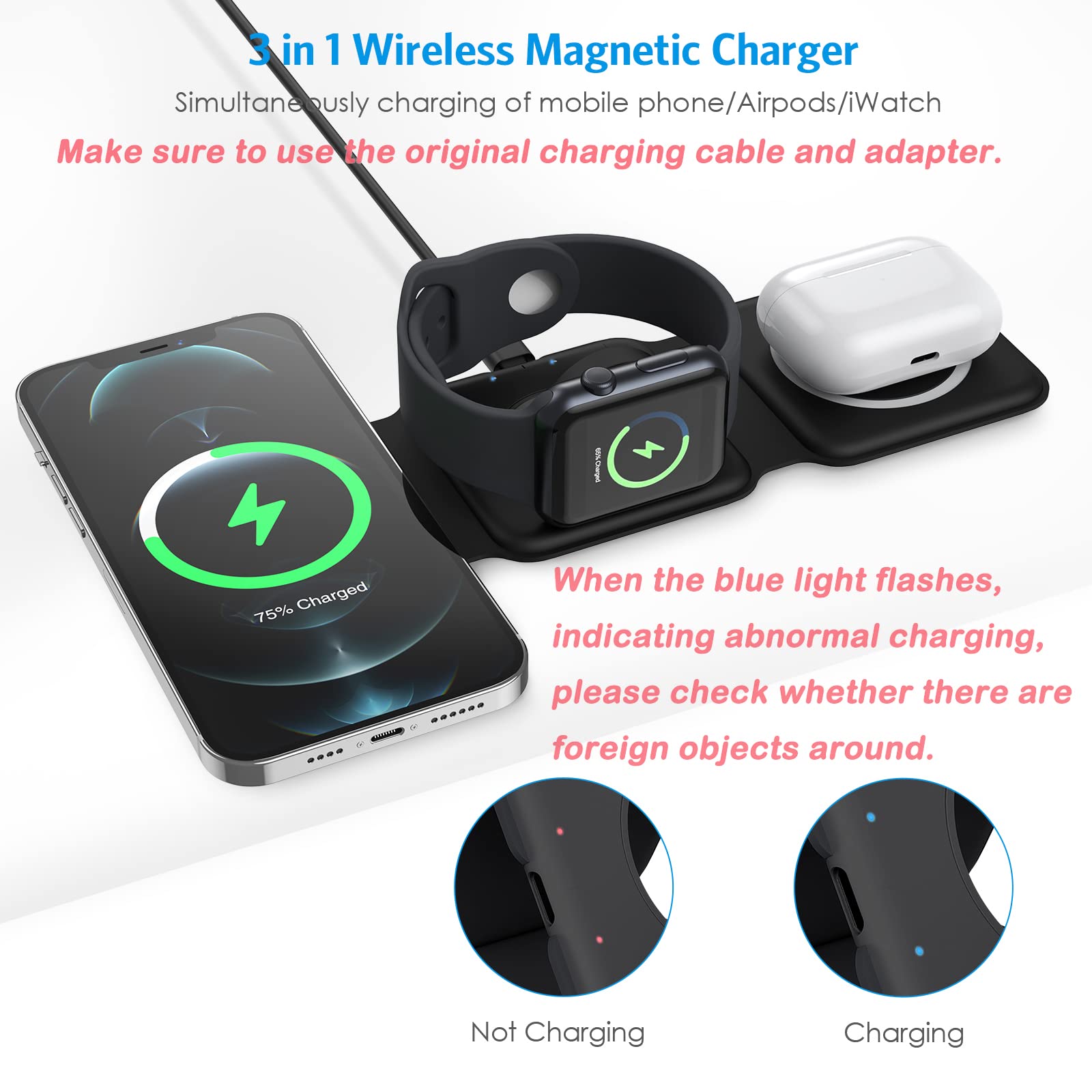 Criacr 3 In 1 Foldable Wireless Charger, Magnetic 3 In 1 Charging Station For Apple Multiple Devices, Travel Wireless Charger Fo