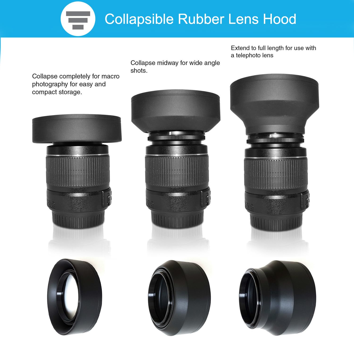 52Mm Lens Hood Set, Collapsible Rubber Lens Hood With Filter Thread + Reversible Tulip Flower Lens Hood + Center Pinch Lens Cap