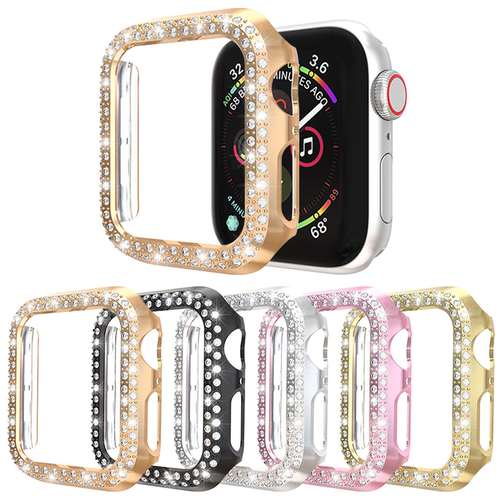 Richone 5Pack Protector Case Compatible With Apple Watch Se Series 6 5 4 44Mm Cover, Double Row Bling Crystal Diamonds Protectiv