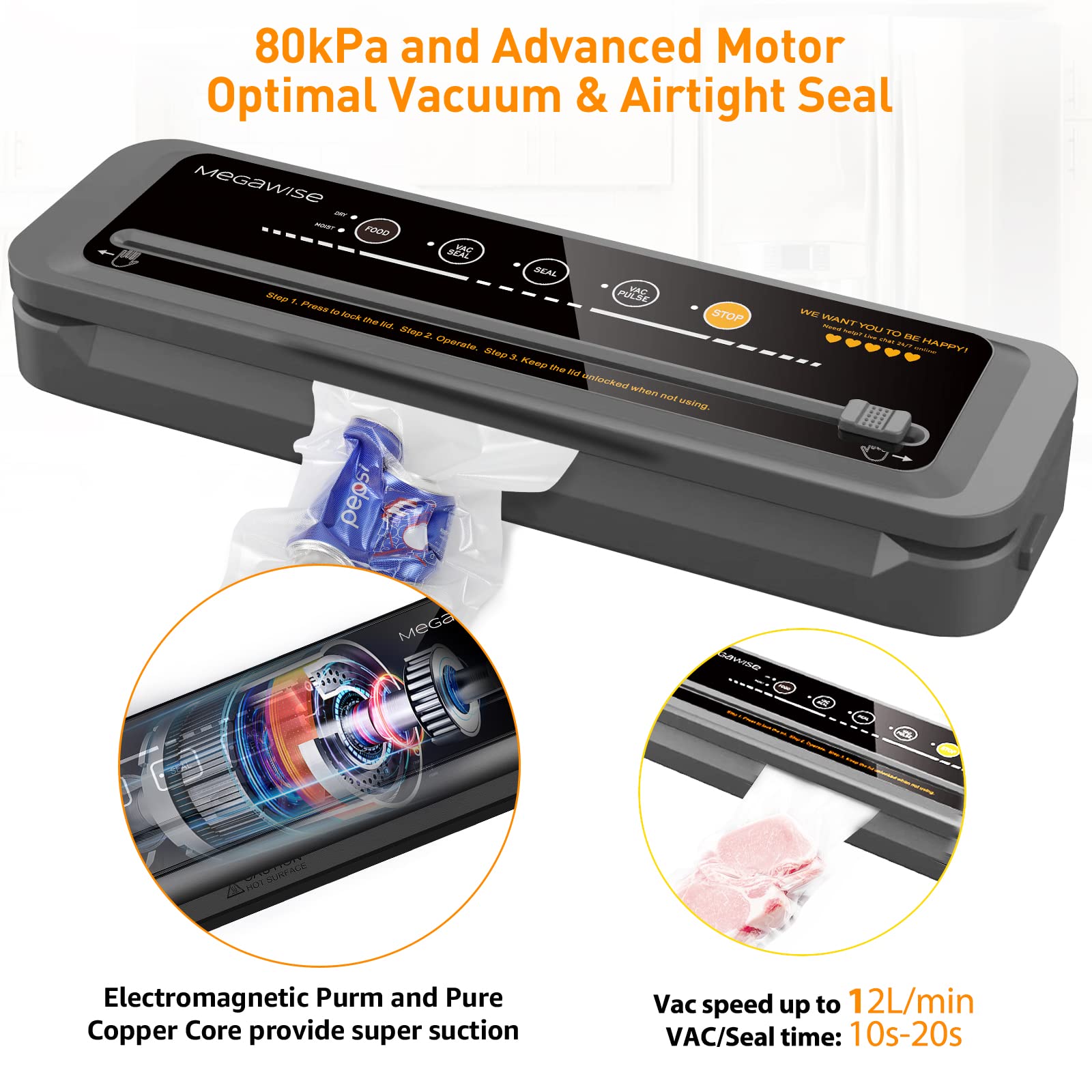 Megawise Vacuum Sealer Machine | 80Kpa Suction Power| Bags And Cutter Included | Compact One Touch Automatic Food Sealer With Ex