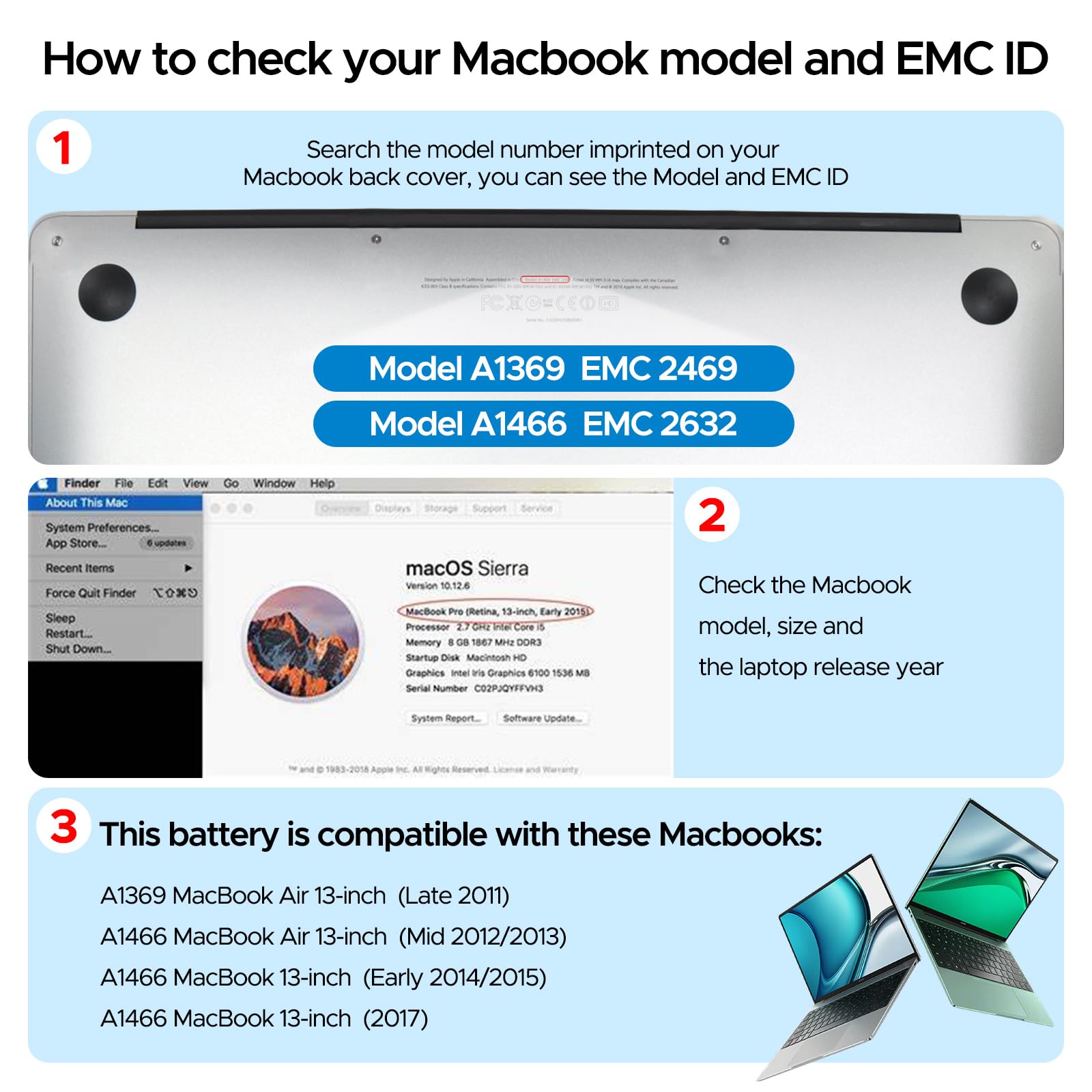 Key Power A1466 Battery, 13 Inch Macbook Air Battery Replacement For A1466 (Mid 2012/2013, Early 2014/2015, 2017), A1369 (Late 2