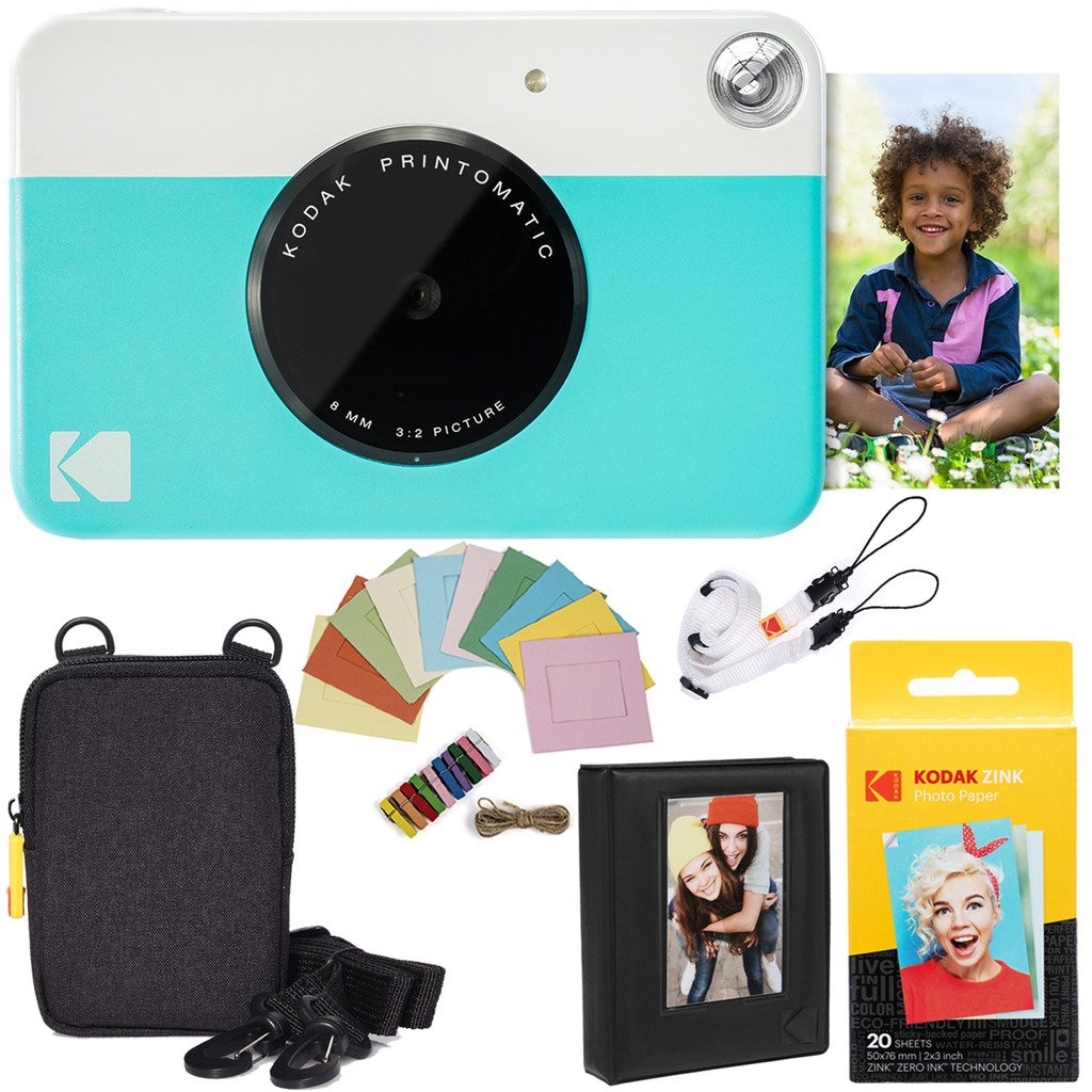 Kodak Printomatic Instant Camera Bundle (Blue) Zink Paper (20 Sheets)  Case  Photo Album  Hanging Frames.