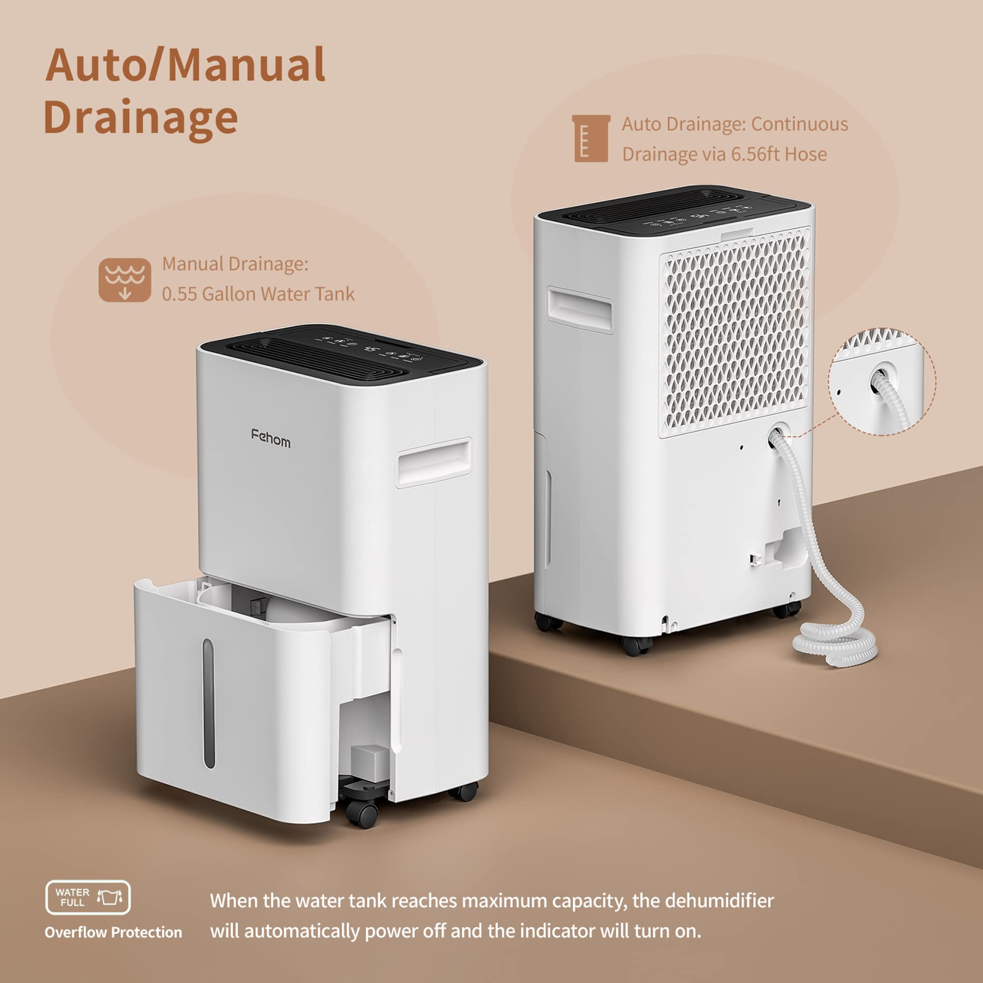 Fehom 4500 Sq. Ft Dehumidifier For Home Basements Bathroom Bedroom Continuous Drainage, With Auto Shut Off Humidity Control And