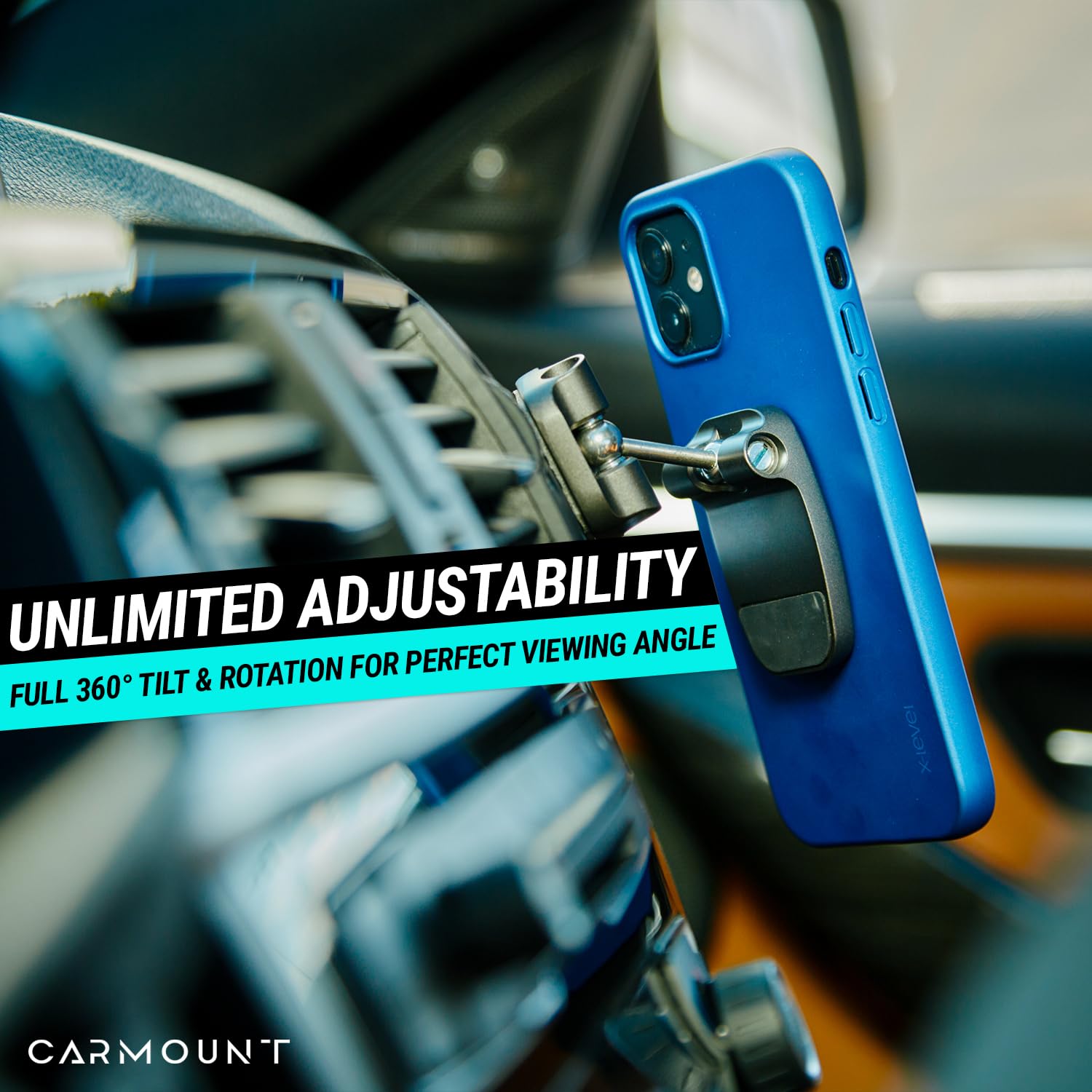 Carmount F2 Adjustable Car Mount | Magnetic Dashboard Phone Holder For Car, 6X N52 Magnets, 360 Rotation & Tilt, Universal Dash
