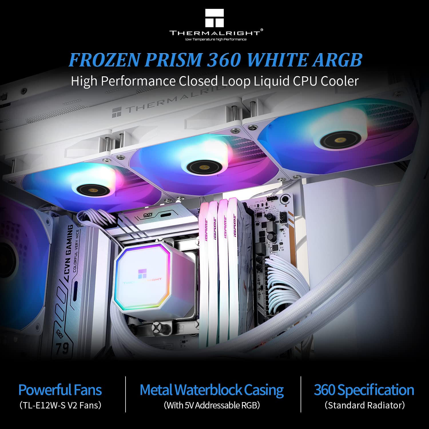 Thermalright Frozen Prism 360 White Argb Aio Water Cooler,Liquid Cpu Cooler, 3  120Mm Pwm Fans Water Cooling System,1850Rpm High