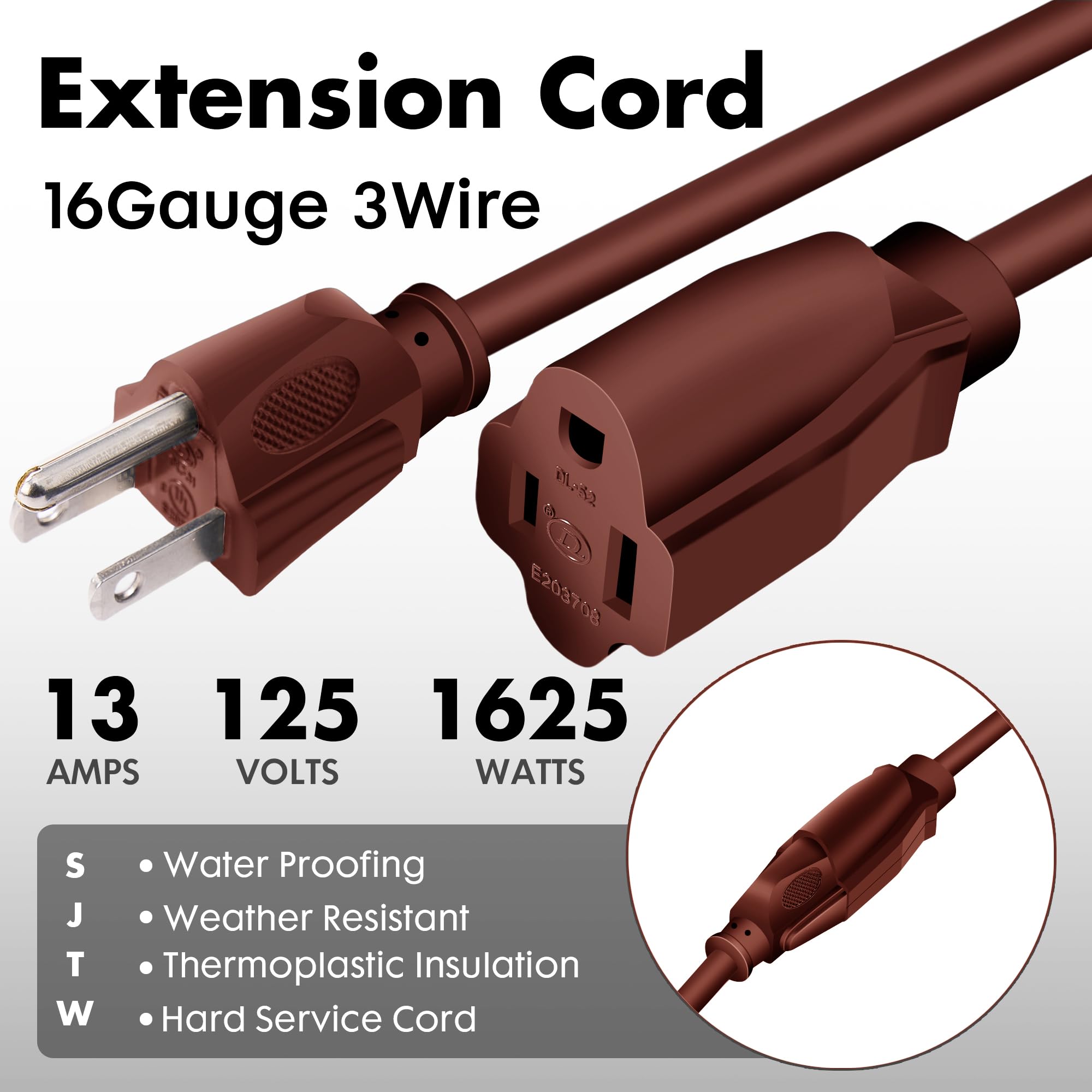Palarine 8Ft Brown Outdoor Extension Cord Waterproof, Ul Listed, 16/3 Sjtw Heavy Duty 3 Prong, 16 Gauge 13A Power Cord Ideal For
