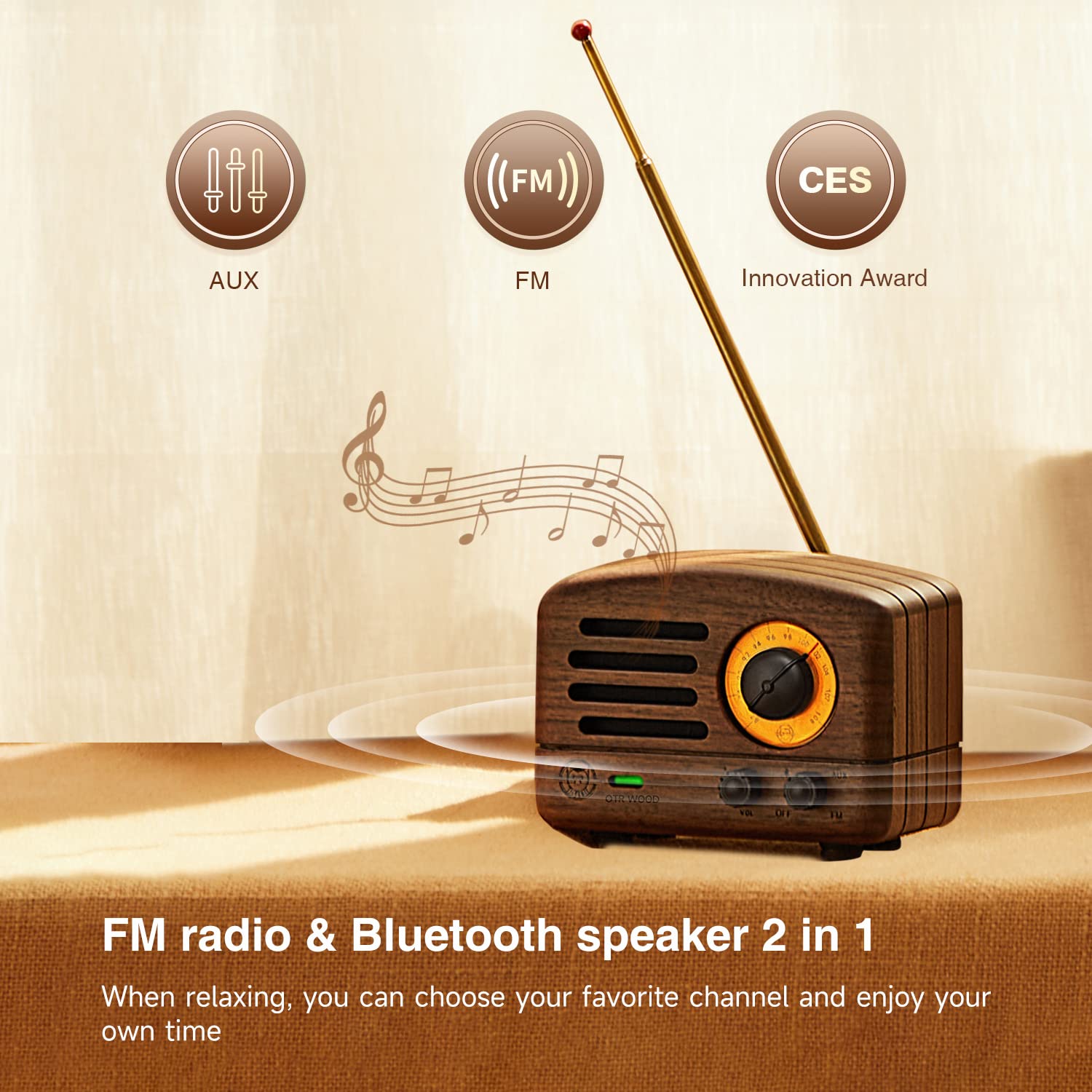 Muzen Portable Bluetooth Speaker, Walnut Wood, FM Radio, 10h+ Playtime, 92X65X56mm, Model 11021010472