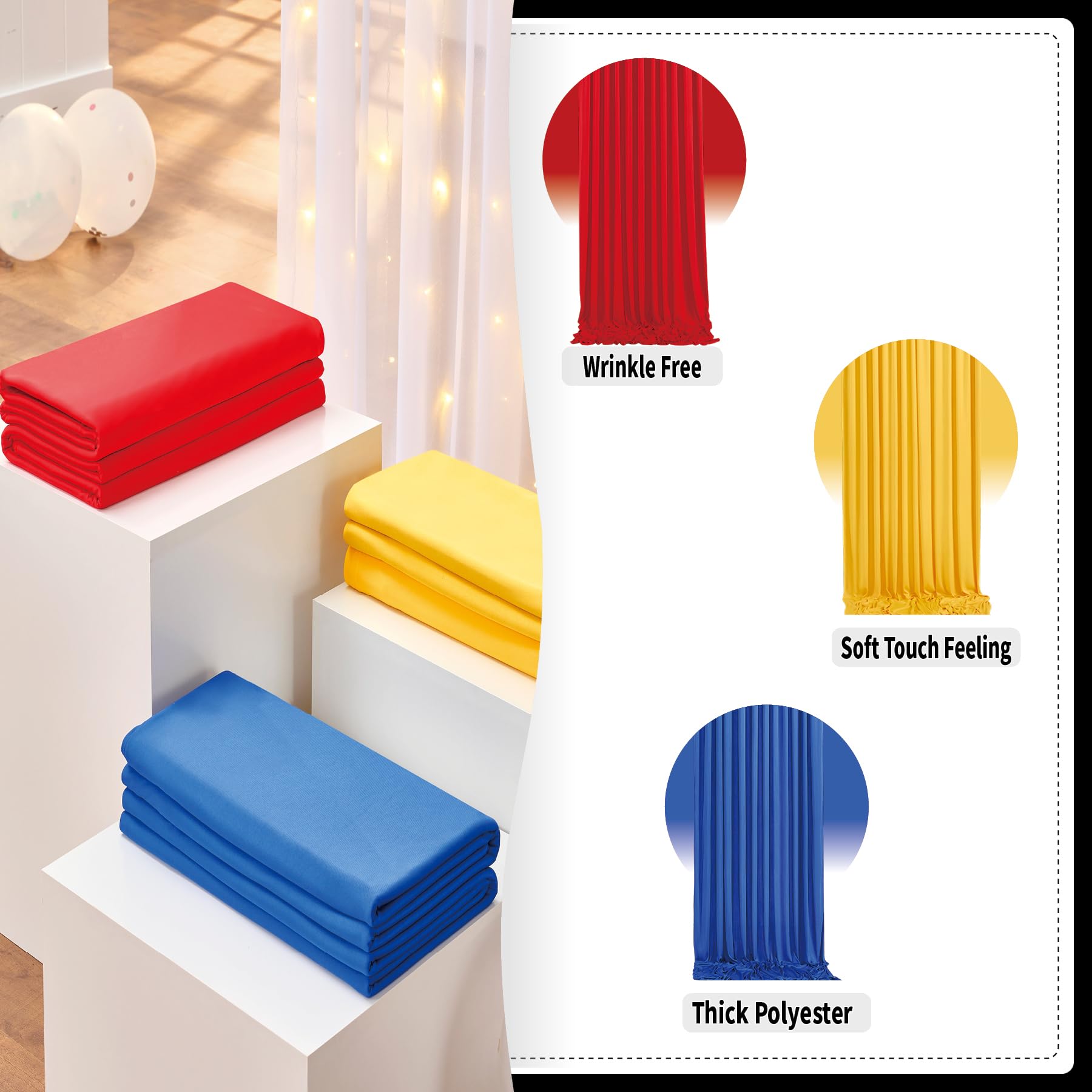 10Ft X 15Ft Thick Backdrop Curtain For Parties, Yellow Red Royal Blue Wrinkle Free Photography Backdrop Drapes, 6 Panels 2.5Ft X