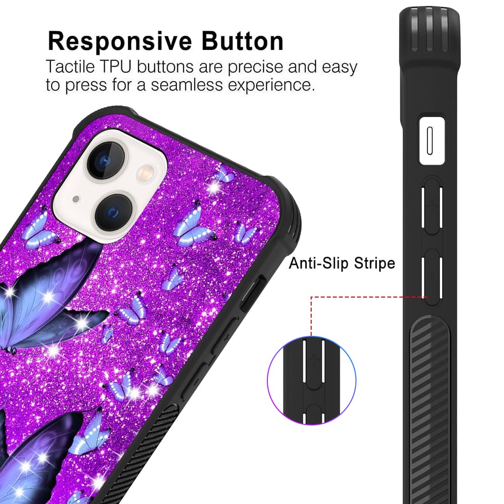 Ziye Designed For Iphone 13 Case Purple Butterfly Hard Lanyard Case With Phone Ring Holder,Full Body Protection Shockproof Drop
