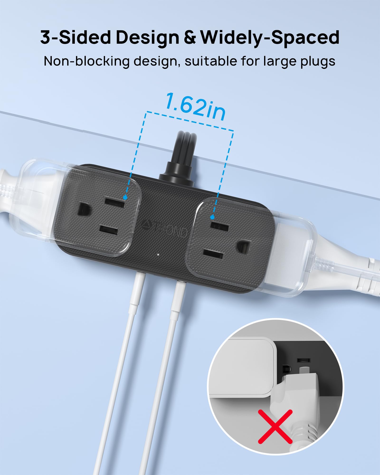 Trond Outlet Extender With 6 Inch Cord, Multi Plug Wall Outlet With 4 Electrical Sockets And 4 Usb Ports, Wall Mountable, Flat P