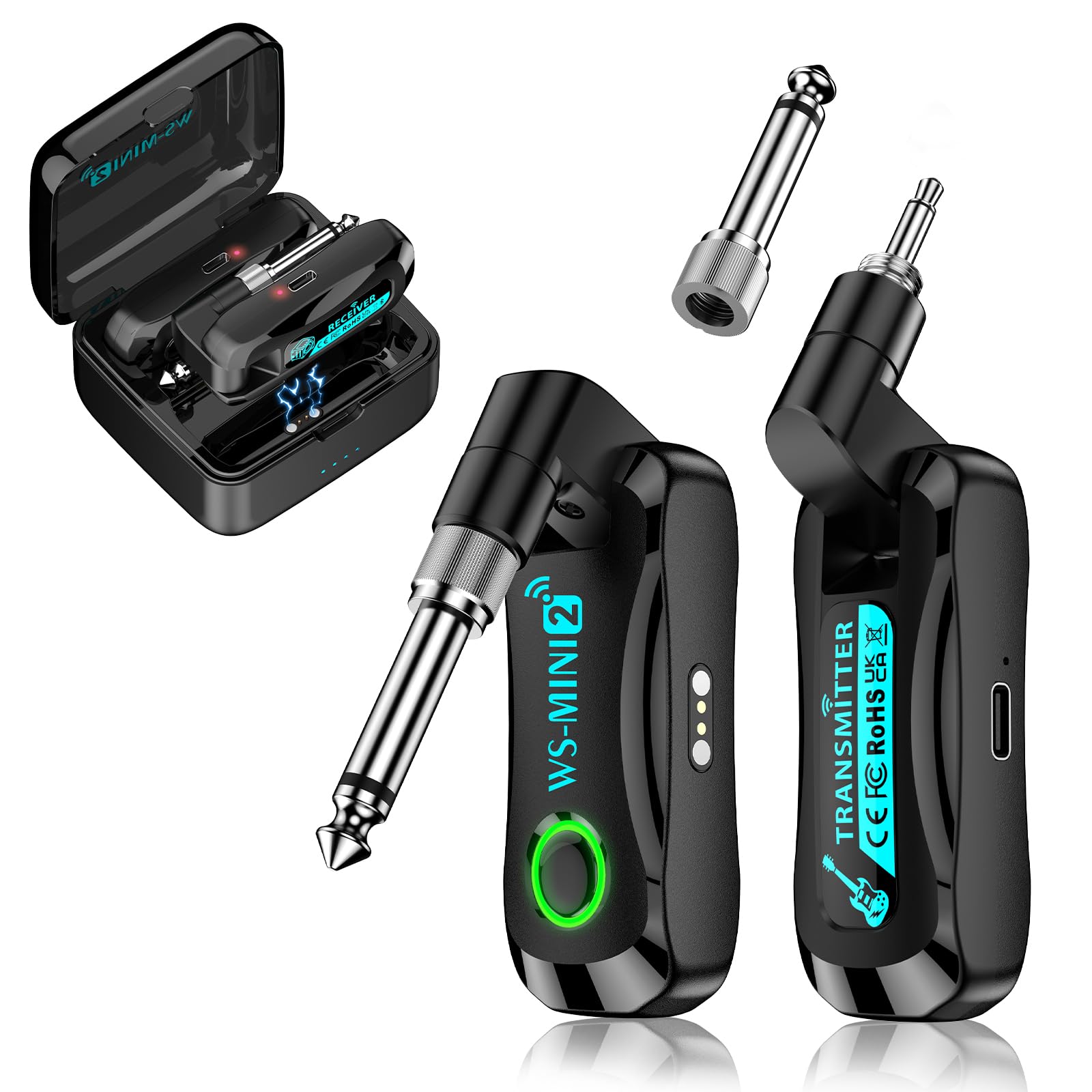 2.4GHz Wireless Guitar System with Charging Case, Rechargeable Wireless Guitar Transmitter Receiver with 4 Channels for Electric