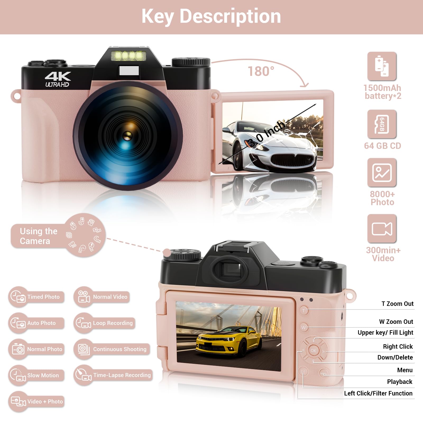 4K Digital Camera For Photography, 48Mp Vlogging Video Wifi Camera For Youtube With 3'' 180Flip Screen, 64Gb Sd Card, 16X Digita