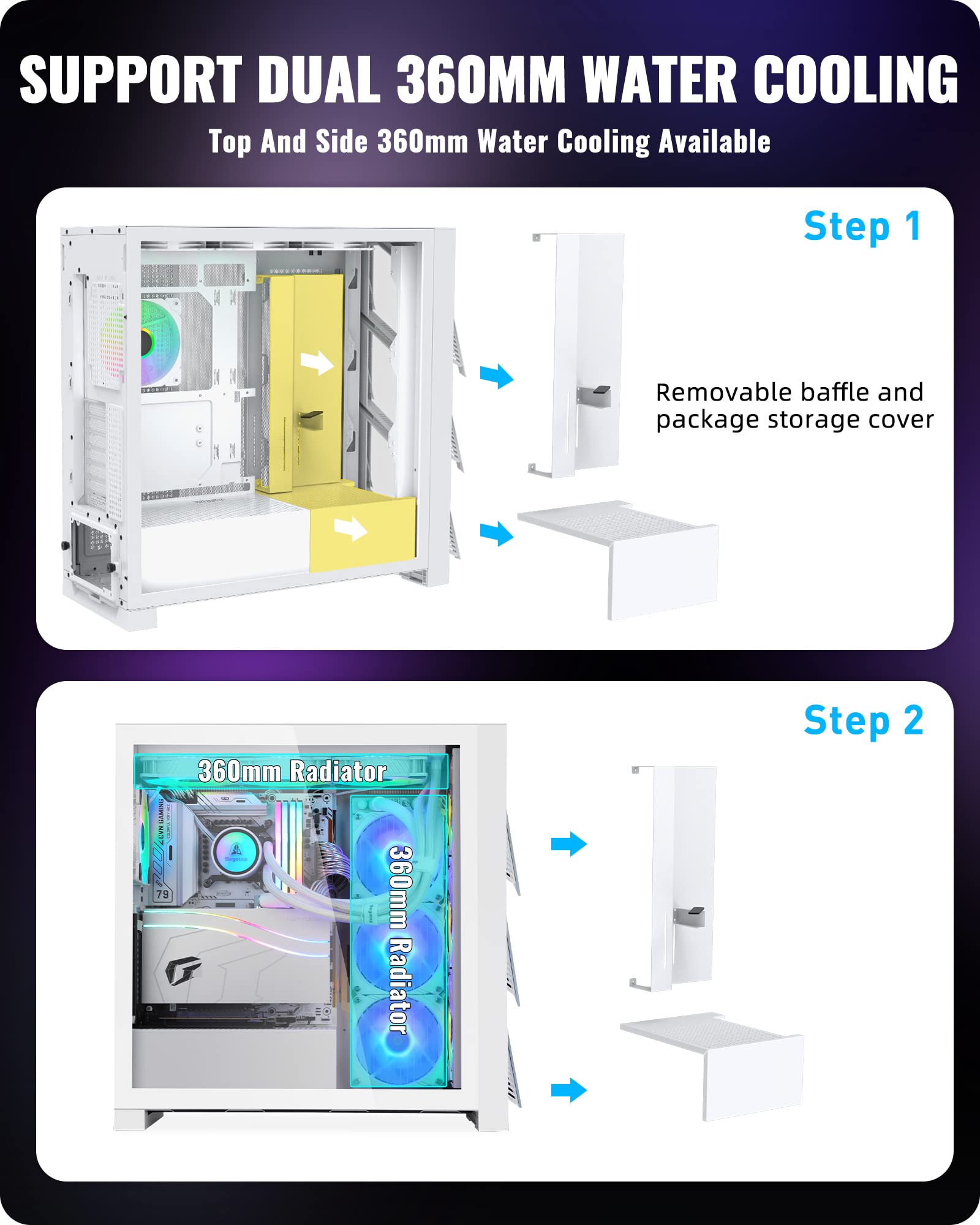 Segotep T3 White Mid Tower Atx Gaming Pc Case, Support Top & Side 360Mm Radiators, Gpu Snap On Opening & Closing Front Panel, Ty