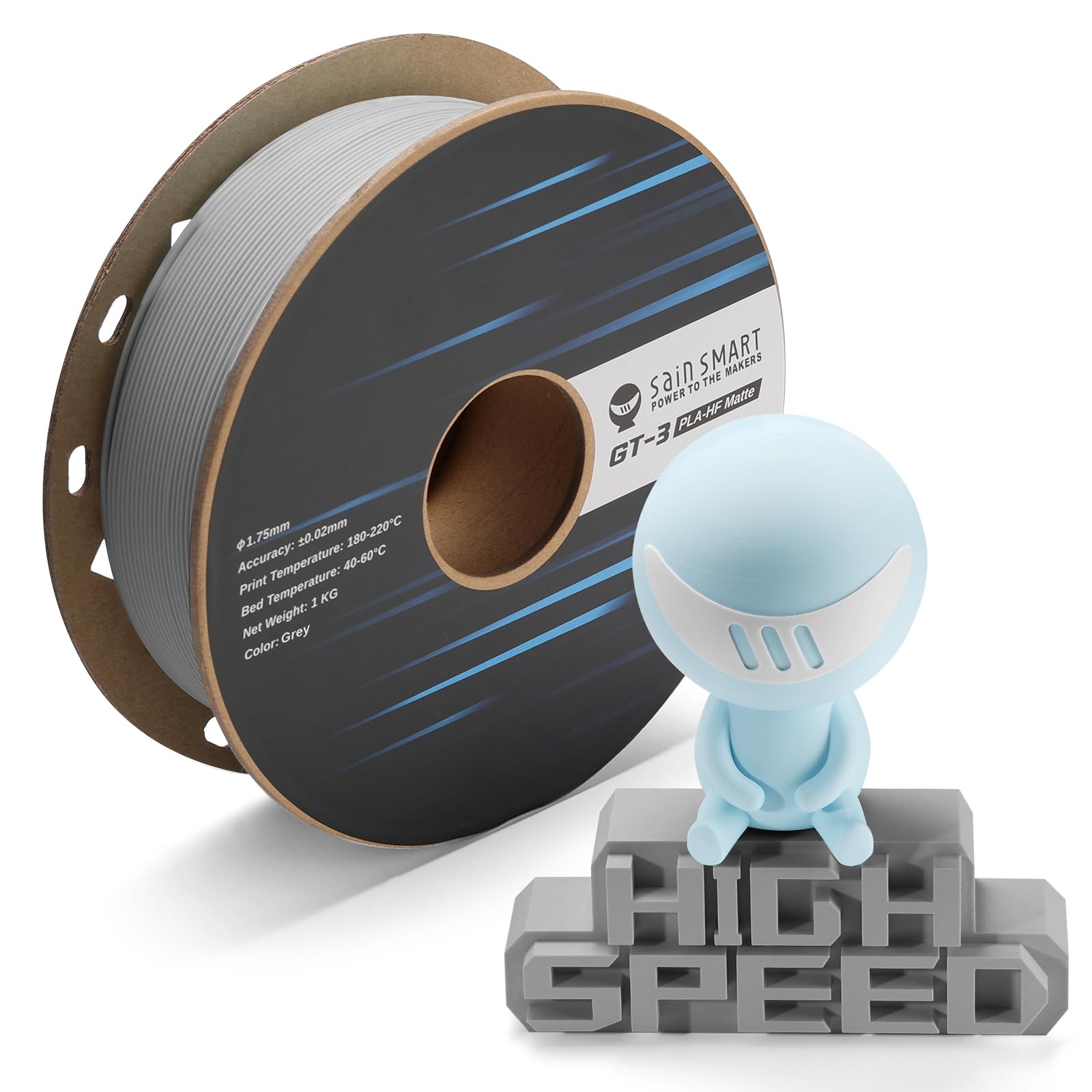 SainSmart GT-3 High Speed Matte PLA Filament 1.75mm, High Flow 3D Printer Filament, Gray, 2.2 LBS (1KG) Spool, Dimensional Accur