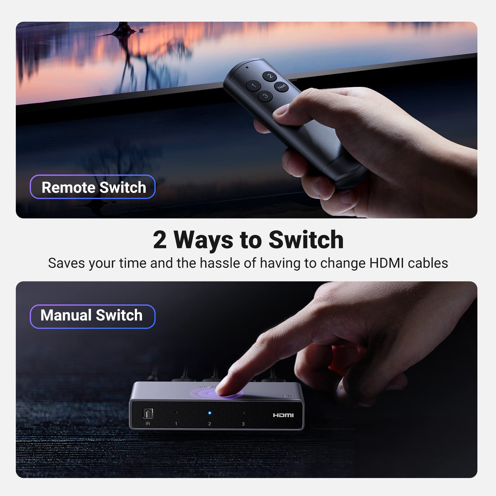 Ugreen Hdmi 2.1 Switch Aluminum Ultra Hd 8K@60Hz 3 In 1 Out Hdmi Splitter With Remote Hdmi Switcher Support 3D Cec Hdr Hdcp2.3 C