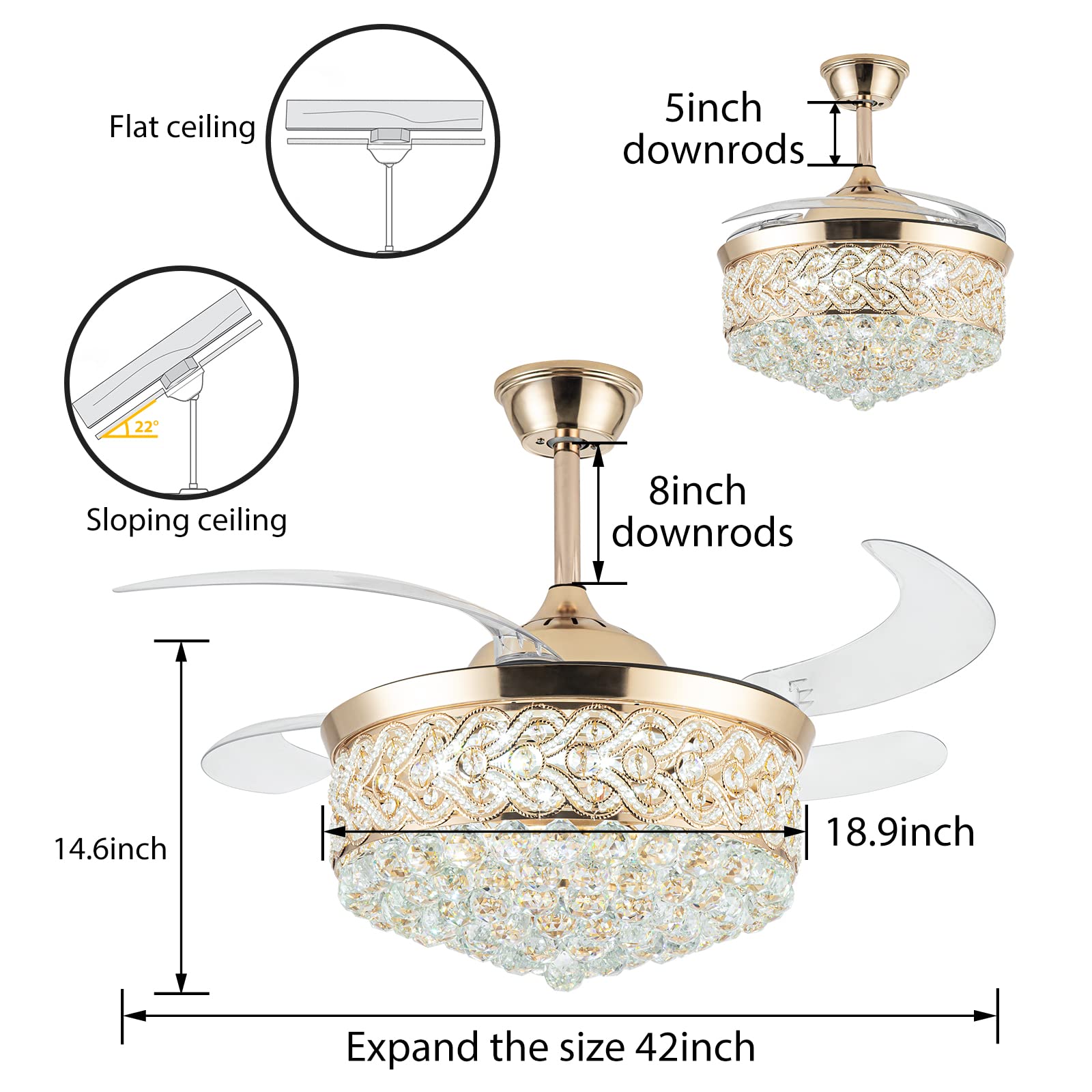 42'' Ceiling Fans With Lights And Remote, Modern Retractable Invisible Chandelier Ceiling Fan Light With 4 Retractable Abs Blade