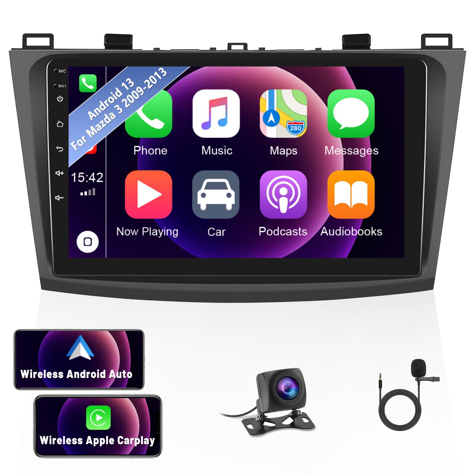 Android 13 Car Stereo For Mazda 3 2009 2013 With Wireless Carplay&Android Auto,9 Inch Touch Screen Car Radio With Gps Wifi Bluetooth Fm/Rds Radio Swc Dual Usb/Aux In+Backup Camera&External Microphone