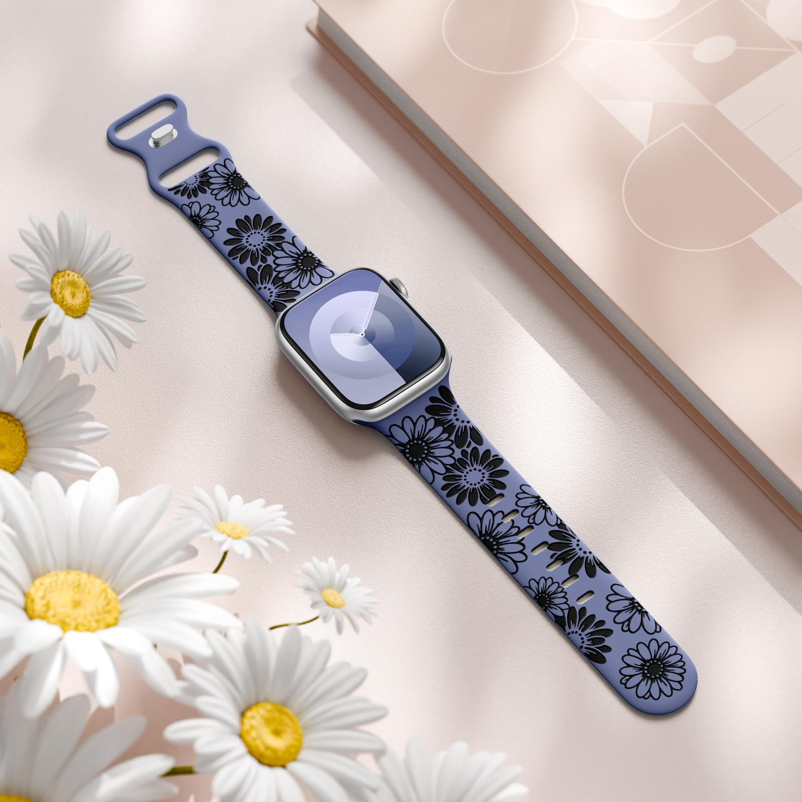 Daqin Floral Engraved Band Compatible With Apple Watch Band 44Mm 45Mm 46Mm 42Mm 49Mm, Cute Flower Pattern Band Soft Silicone Spo