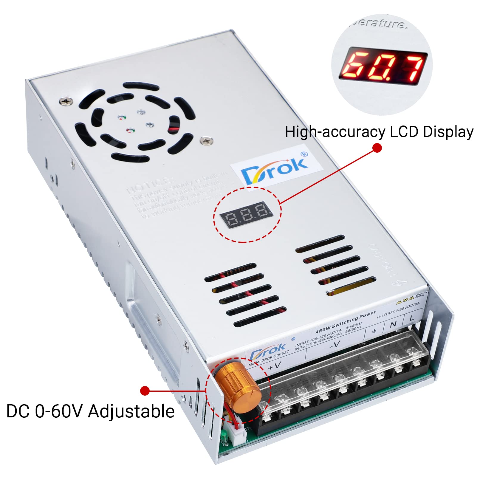Drok 60V Power Supply, Ac 110V 220V To Dc 0 60V 8A 480W Buck Converter, Adjustable Variable Led Adapter Regulated 5V 12V 24V 30V