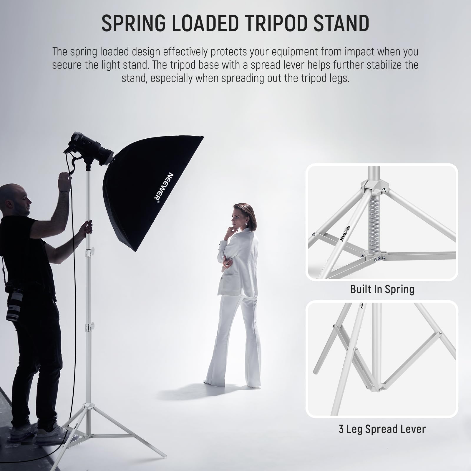 Neewer Light Stand For Photography 87 - 200 Cm, Tripod Stand With Spring With 28 Mm Thicker Tube For Ring Light/Led Light/Strobe