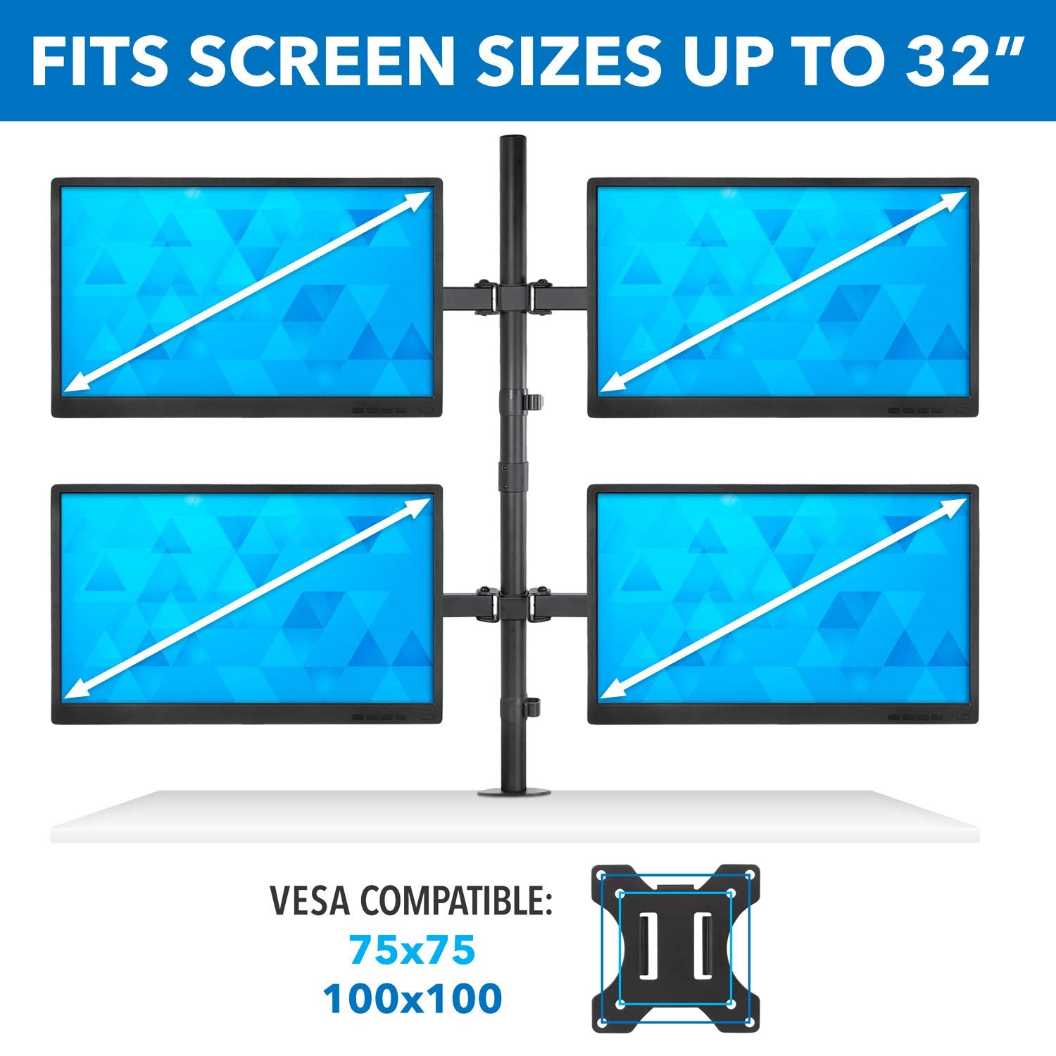 Mount It! 4 Monitor Stand | Quad Monitor Desk Mount | Fits Four Computer Screens 19 21 24 27 29 30 32 Inches | Heavy Duty Height Adjustable Arms | VESA 75 100 Compatible | C Clamp and Grommet Bases