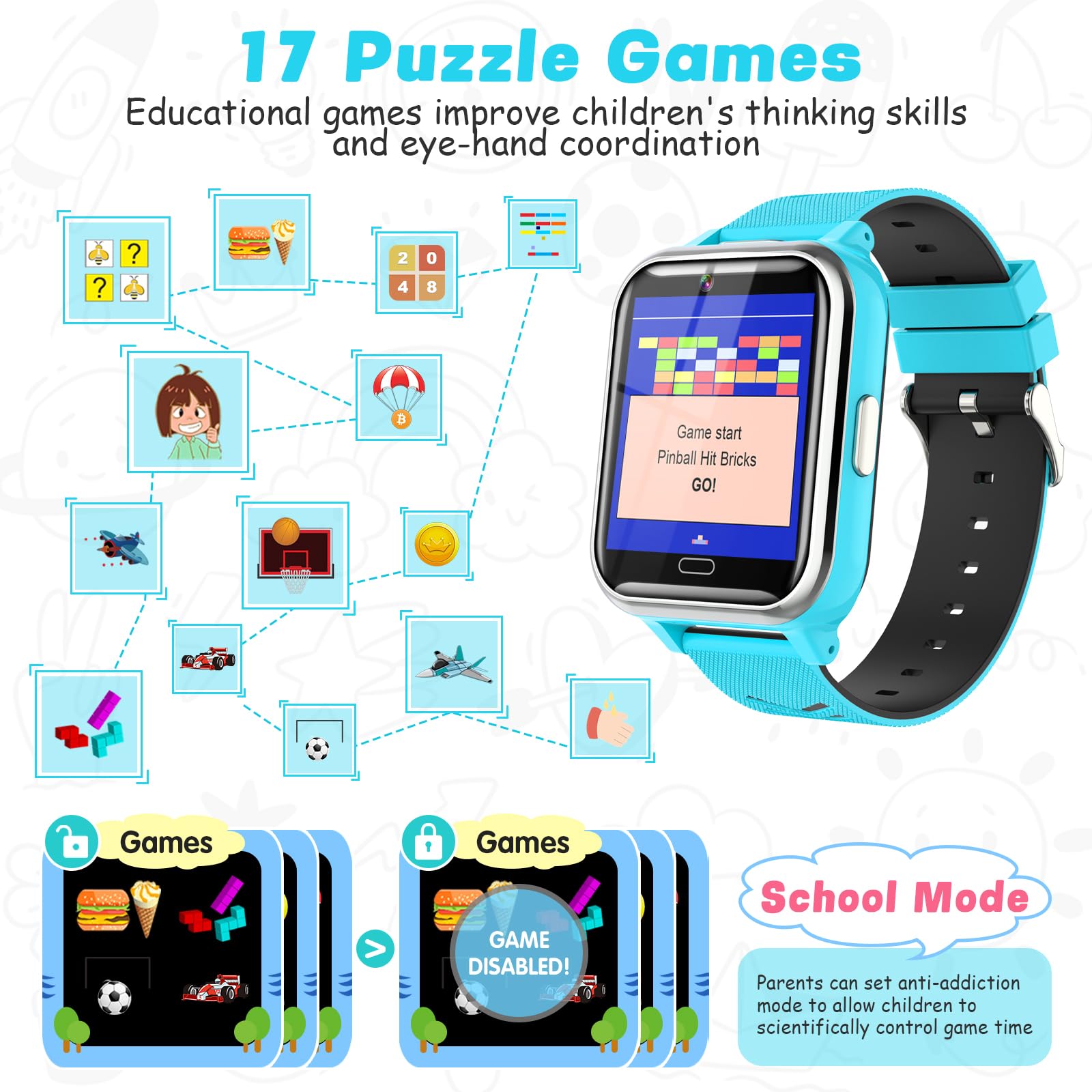 Dolirapa Kids Smart Watch, Smart Watch For Boys Girls With 17 Puzzle Games School Model Camera Music Alarm Video Recorder Flashl