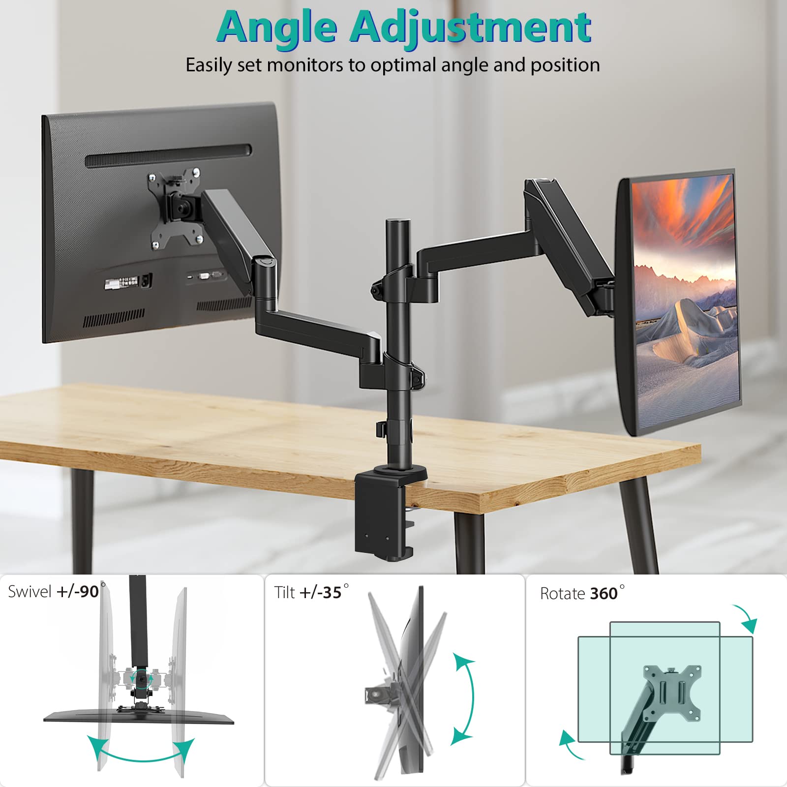 WALI Dual Monitor Mount, 17 32 Inch Adjustable Spring Dual Monitor Arm for Desk Holds Max 17.6 lbs Screens, Swivel Vesa Bracket with C Clamp, Grommet Mounting, Monitor Arms for 2 Monitors (GSDM002)