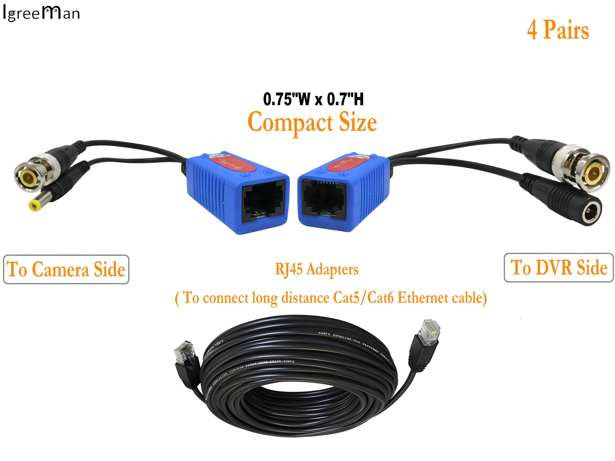 Igreeman 4 Pair Passive Video Balun Bnc To Rj45 Adapter With Power, 1080P 8Mp Surveillance Analog Camera Ethernet Cable Transcei