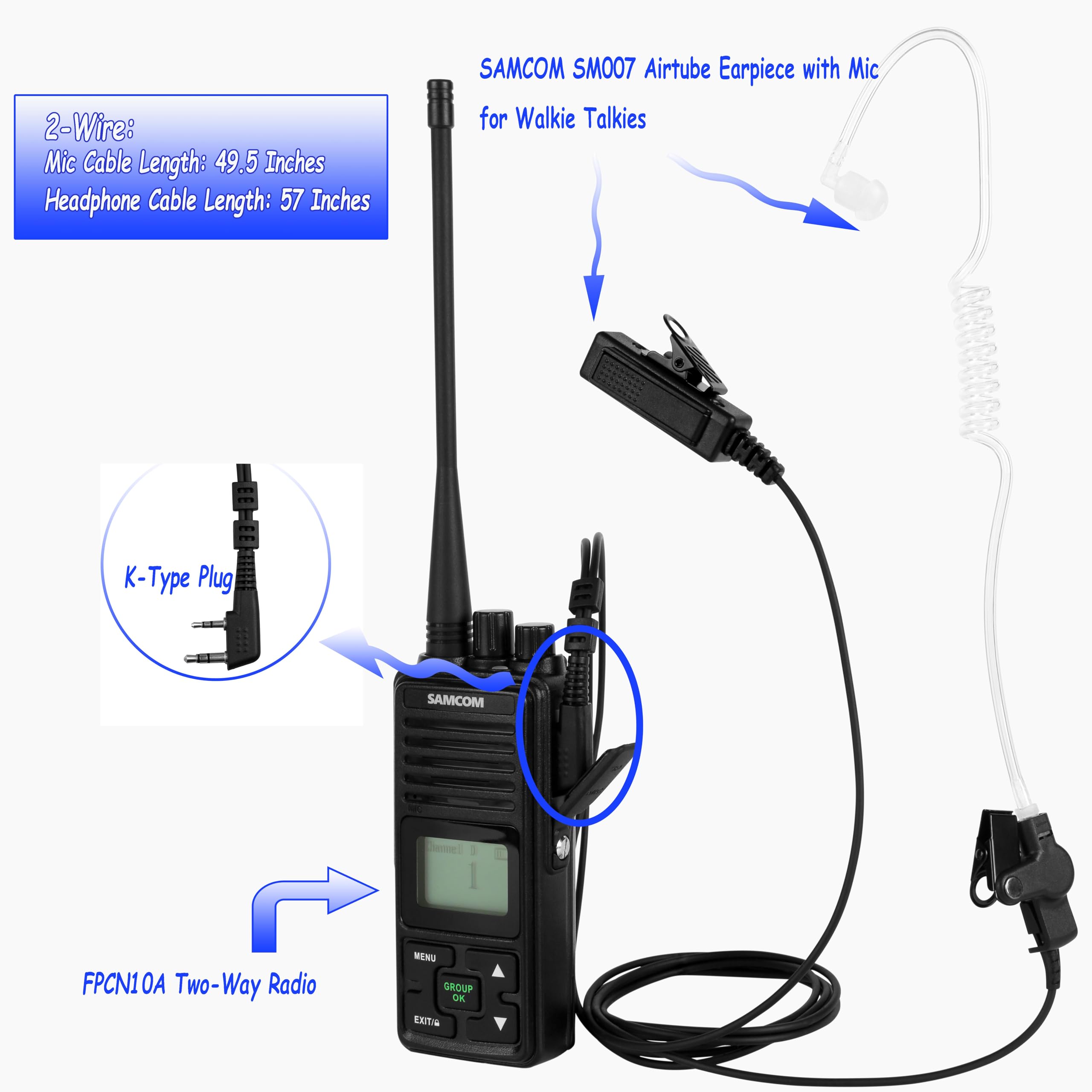 Samcom Surveillance Radio Earpiece With Mic For Two Way Radios, 2 Wire Air Tube Headset With Mic For Walkie Talkies, 2 Pin Hands Free Earpieces Compatible With Fpcn10A Fpcn30A Radios, 6 Pcs