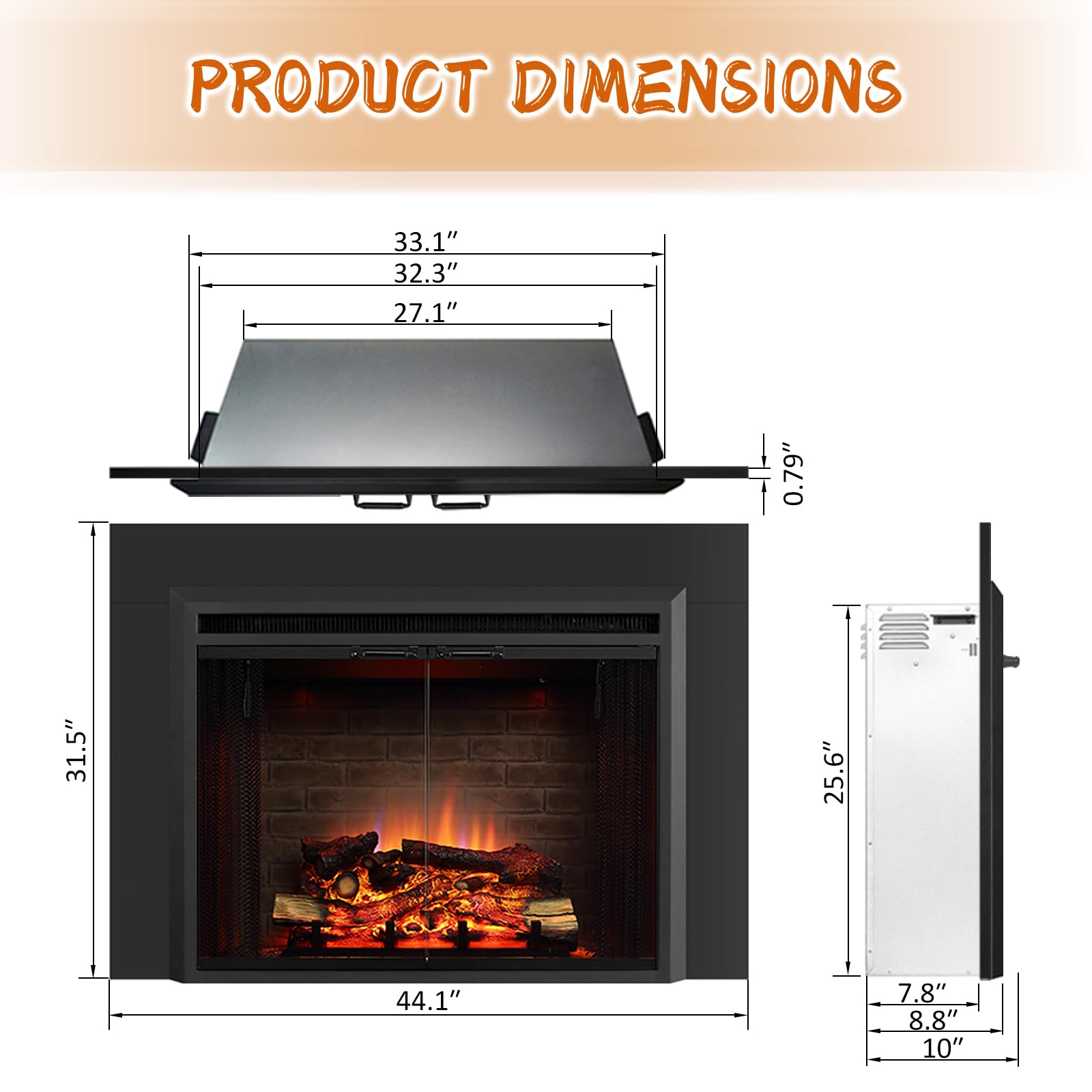 Puraflame Klaus 33    Electric Fireplace Insert With Trim Kit, Fire Crackling Sound, Resin Log, Glass Door And Mesh Screen, 750/