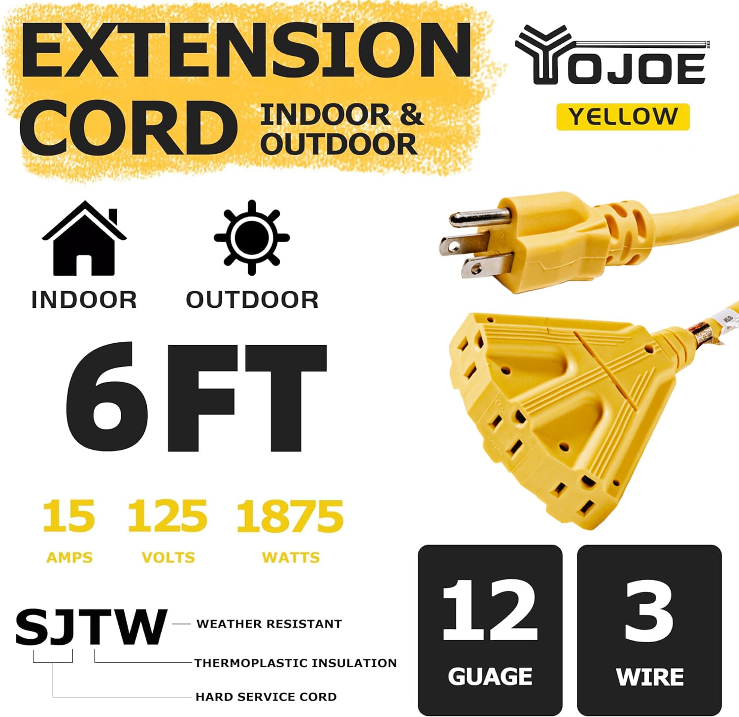 Yojoe 3 Outlets Indoor Outdoor Extension Cord, 3 Prong 15A Weatherproof Power Cord Multiple Outlets, 12 Gauge Heavy Duty 6 Ft Ye
